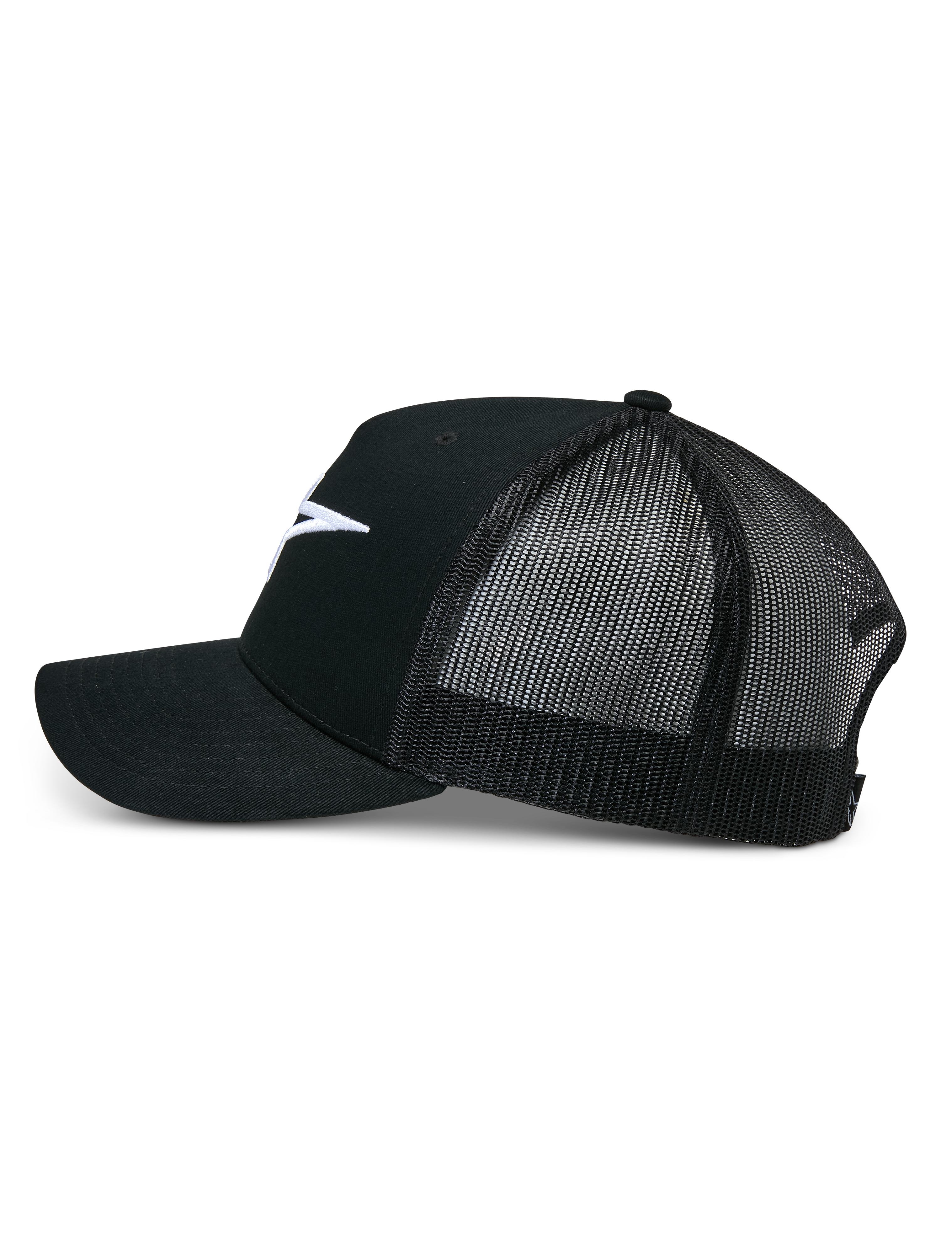 Alpinestars Cappello Trucker Ageless, nero, vista laterale di profilo, parte anteriore in twill di cotone strutturato con logo Astars ricamato bianco, retro in rete nera traspirante, visiera curva, accessorio casual motorsport