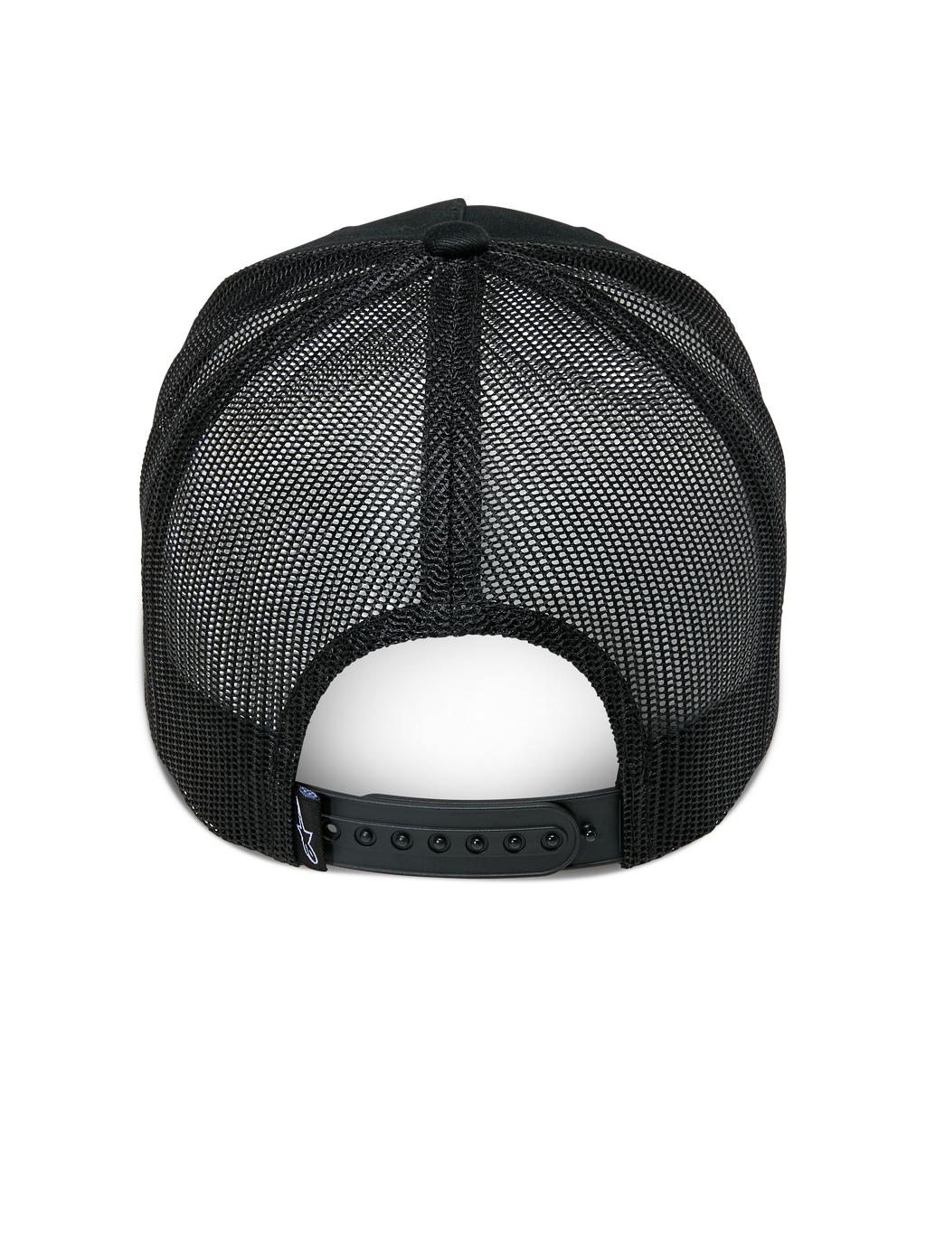 Cappello Trucker Alpinestars Ageless, nero, vista posteriore, con pannelli posteriori in rete nera, chiusura snapback regolabile e piccola etichetta con logo Astars sul retro, copricapo casual ispirato al motorsport