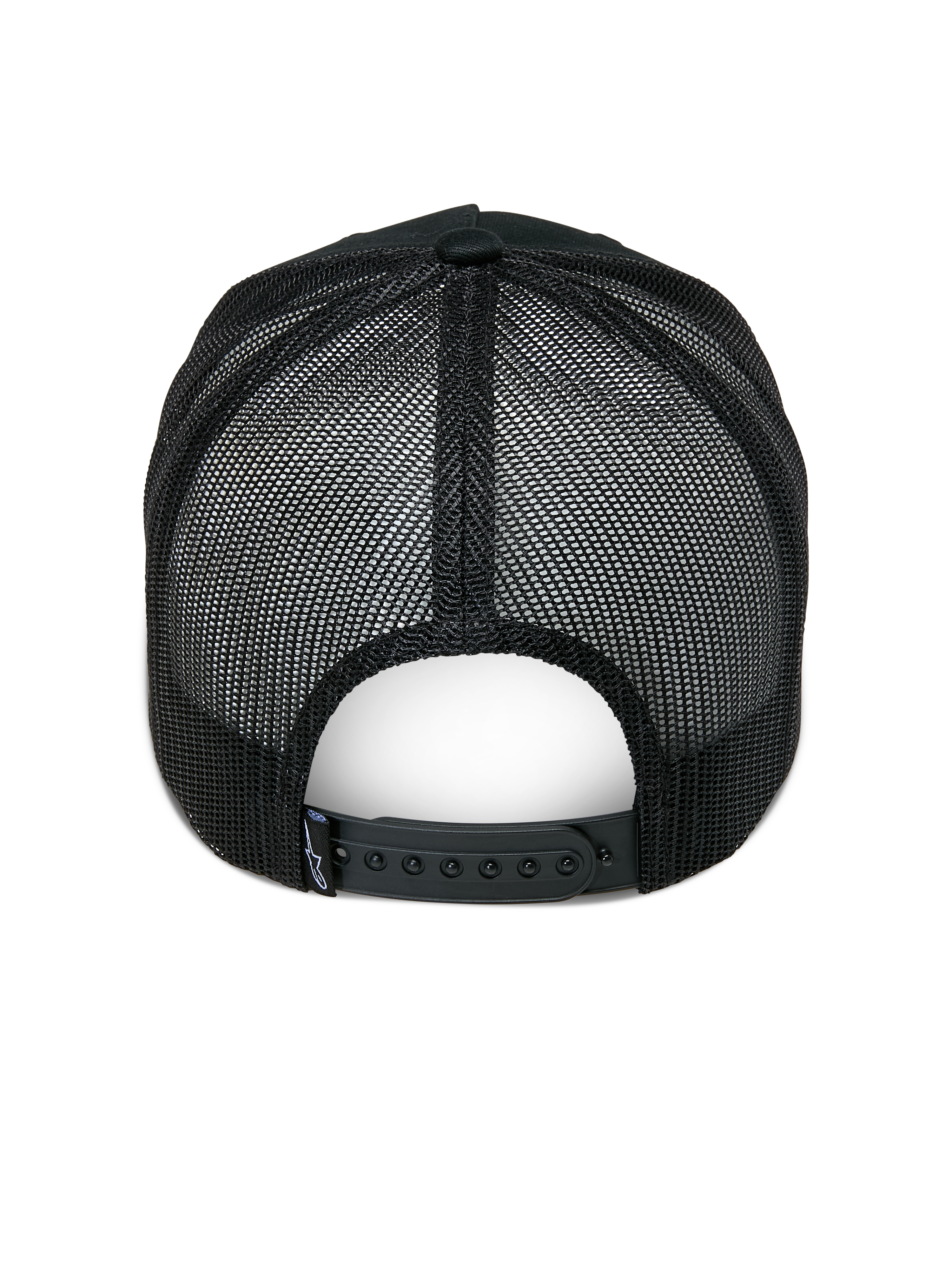 Cappello Trucker Alpinestars Ageless, nero, vista posteriore, con pannelli posteriori in rete nera, chiusura snapback regolabile e piccola etichetta con logo Astars sul retro, copricapo casual ispirato al motorsport