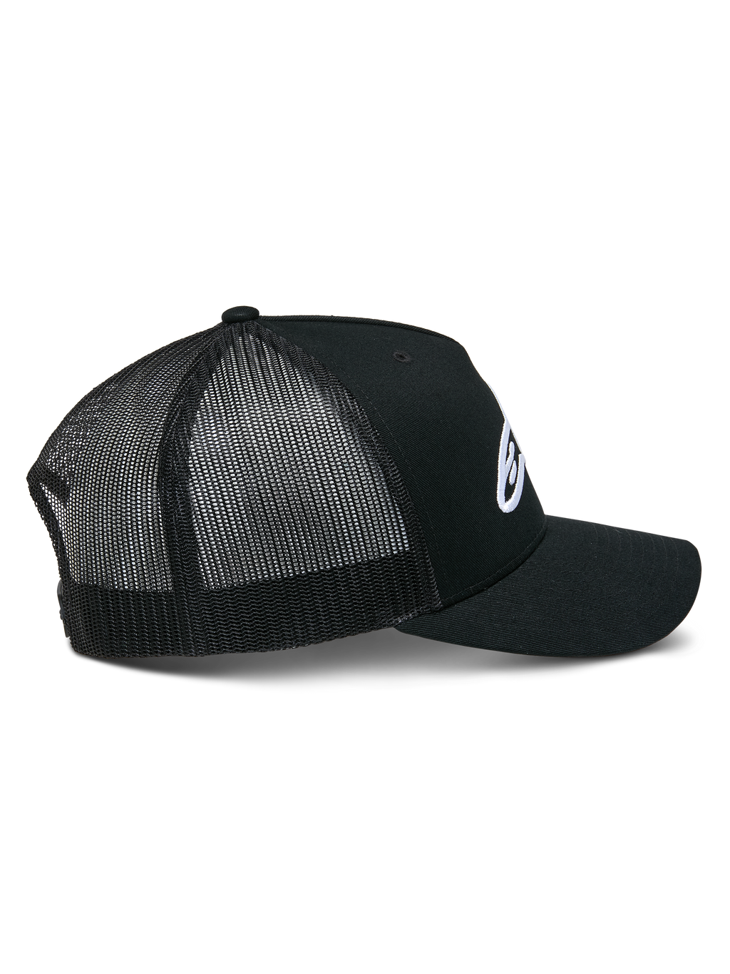 Alpinestars Cappello Trucker Ageless, nero, vista laterale con corona strutturata e logo Astars ricamato in bianco, visiera curva e pannelli posteriori in rete di poliestere nera traspirante.
