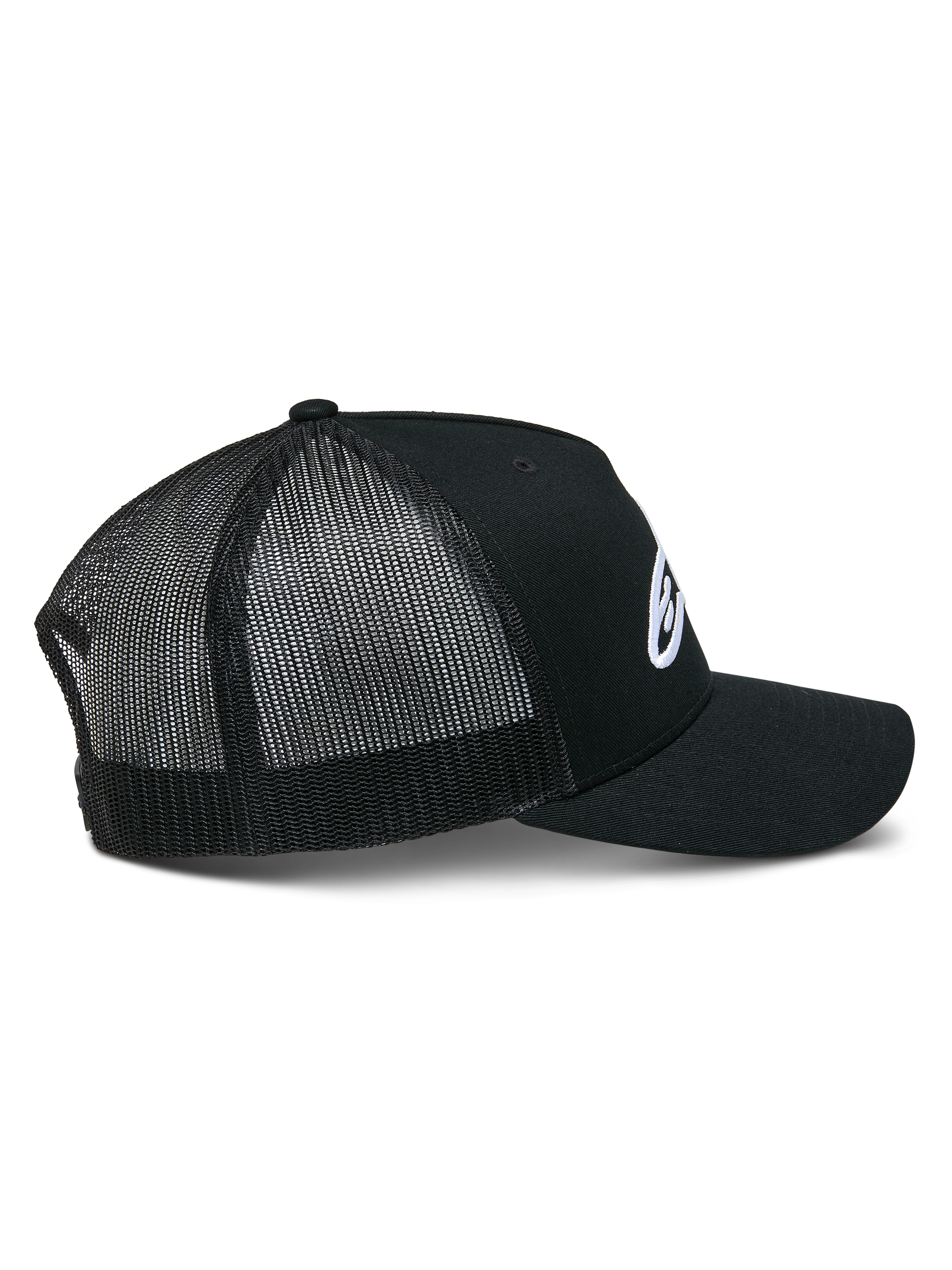 Alpinestars Cappello Trucker Ageless, nero, vista laterale con corona strutturata e logo Astars ricamato in bianco, visiera curva e pannelli posteriori in rete di poliestere nera traspirante.