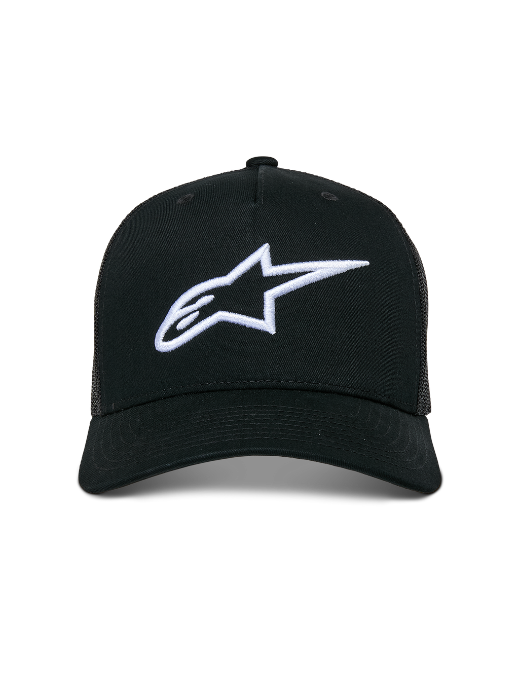 Cappello Trucker Alpinestars Ageless, cappellino casual, nero con logo Astars bianco ricamato in 3D, visiera curva e pannelli posteriori in rete, streetwear ispirato al motorsport