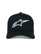 Cappello Trucker Alpinestars Ageless, cappellino casual, nero con logo Astars bianco ricamato in 3D, visiera curva e pannelli posteriori in rete, streetwear ispirato al motorsport
