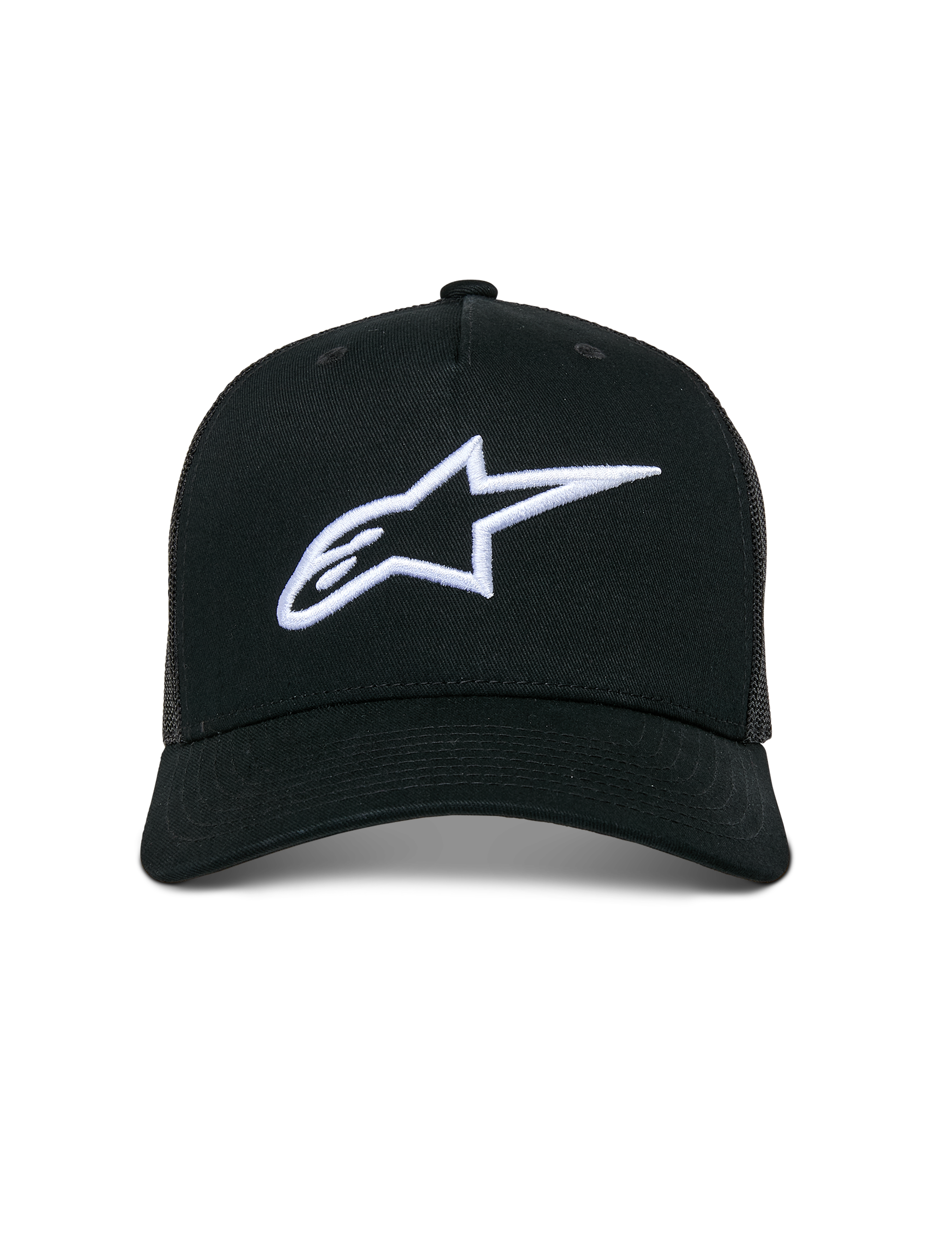 Cappello Trucker Alpinestars Ageless, cappellino casual, nero con logo Astars bianco ricamato in 3D, visiera curva e pannelli posteriori in rete, streetwear ispirato al motorsport