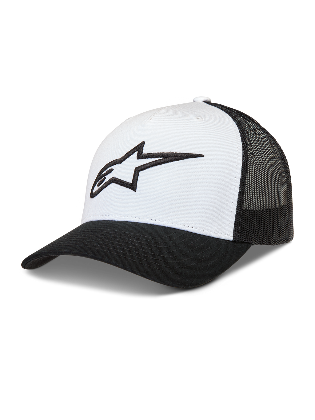 Alpinestars Ageless Snapback cappello, stile trucker bianco e nero con corona strutturata, parte posteriore in rete e logo Astars 3D ricamato, visiera curva