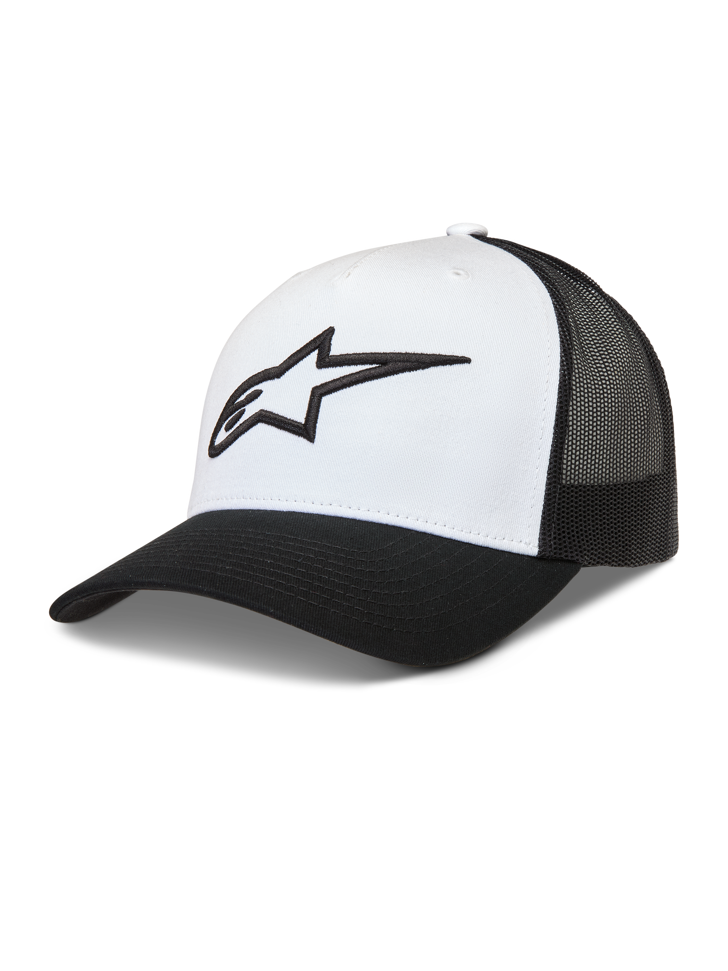 Alpinestars Ageless Snapback cappello, stile trucker bianco e nero con corona strutturata, parte posteriore in rete e logo Astars 3D ricamato, visiera curva
