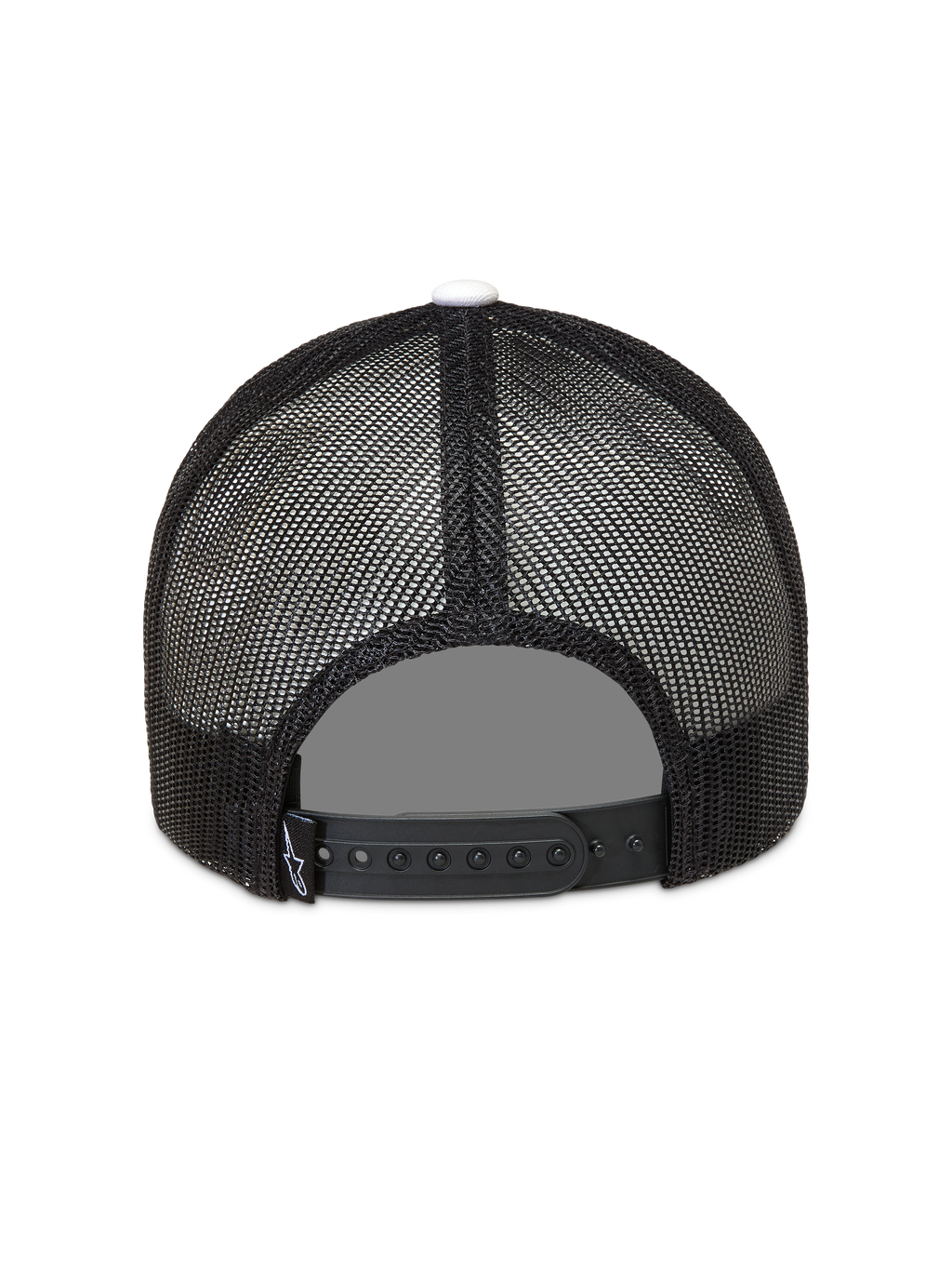 Alpinestars Ageless Snapback Cappello, cappello stile trucker nero con parte posteriore in rete, chiusura a scatto regolabile e bottone superiore bianco, vista posteriore.