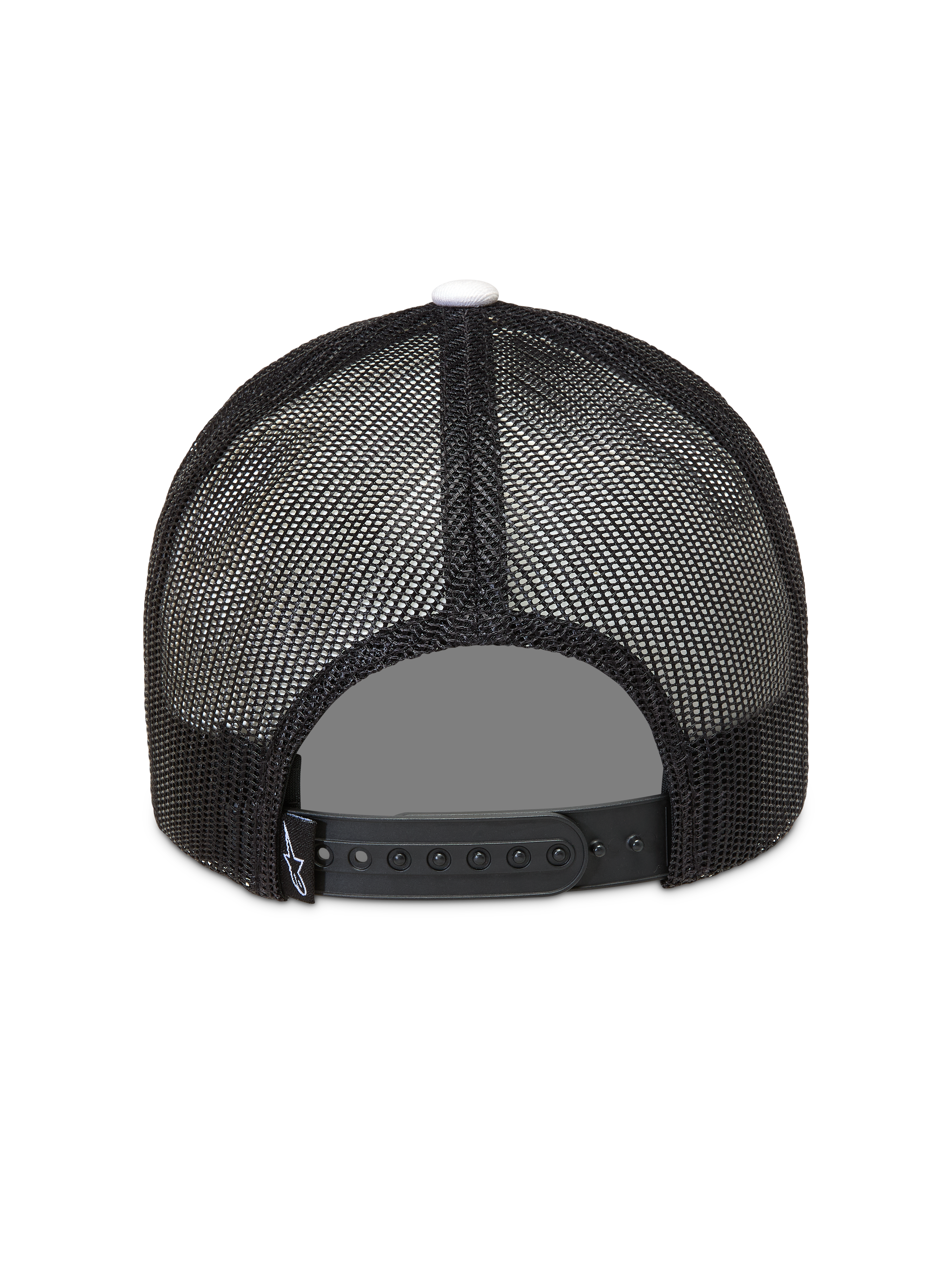 Alpinestars Ageless Snapback Cappello, cappello stile trucker nero con parte posteriore in rete, chiusura a scatto regolabile e bottone superiore bianco, vista posteriore.