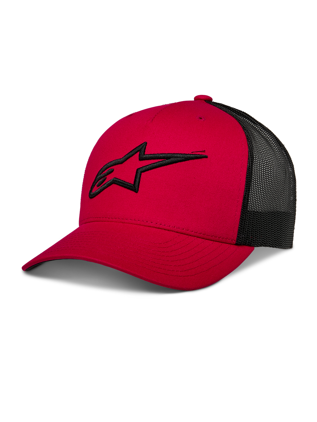 Alpinestars Ageless Trucker Hat, rosso e nero, cappellino da baseball con retro in mesh, visiera curva, logo Astars nero ricamato in 3D, corona strutturata, abbigliamento sportivo casual motorsport