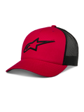 Alpinestars Ageless Trucker Hat, rosso e nero, cappellino da baseball con retro in mesh, visiera curva, logo Astars nero ricamato in 3D, corona strutturata, abbigliamento sportivo casual motorsport