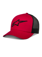 Alpinestars Ageless Trucker Hat, rosso e nero, cappellino da baseball con retro in mesh, visiera curva, logo Astars nero ricamato in 3D, corona strutturata, abbigliamento sportivo casual motorsport