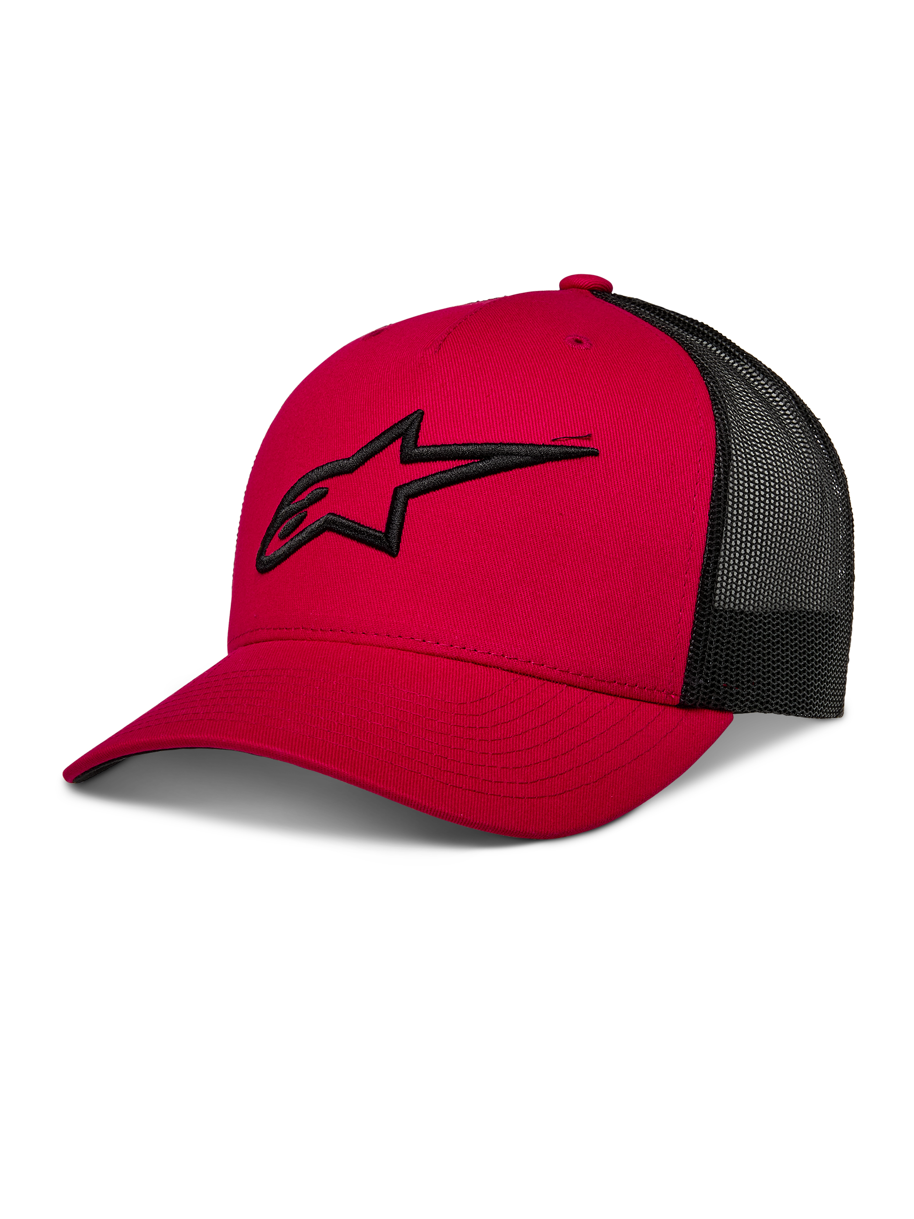 Alpinestars Ageless Trucker Hat, rosso e nero, cappellino da baseball con retro in mesh, visiera curva, logo Astars nero ricamato in 3D, corona strutturata, abbigliamento sportivo casual motorsport