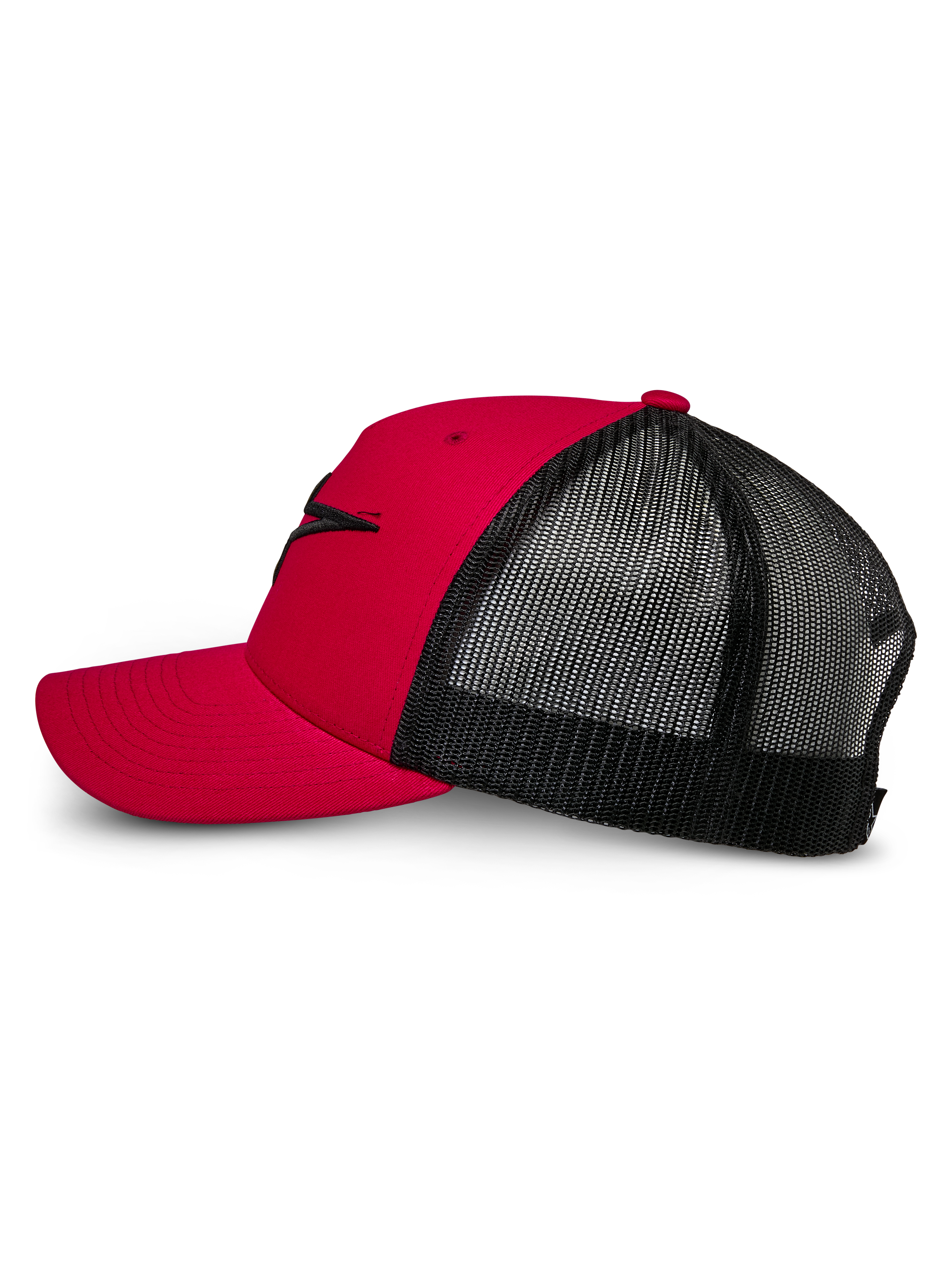 Alpinestars Ageless Trucker Hat, rosso e nero, vista laterale con visiera curva e parte anteriore strutturata con logo Astars nero ricamato in 3D, retro in rete nera per la traspirabilità, design classico ispirato al motorsport