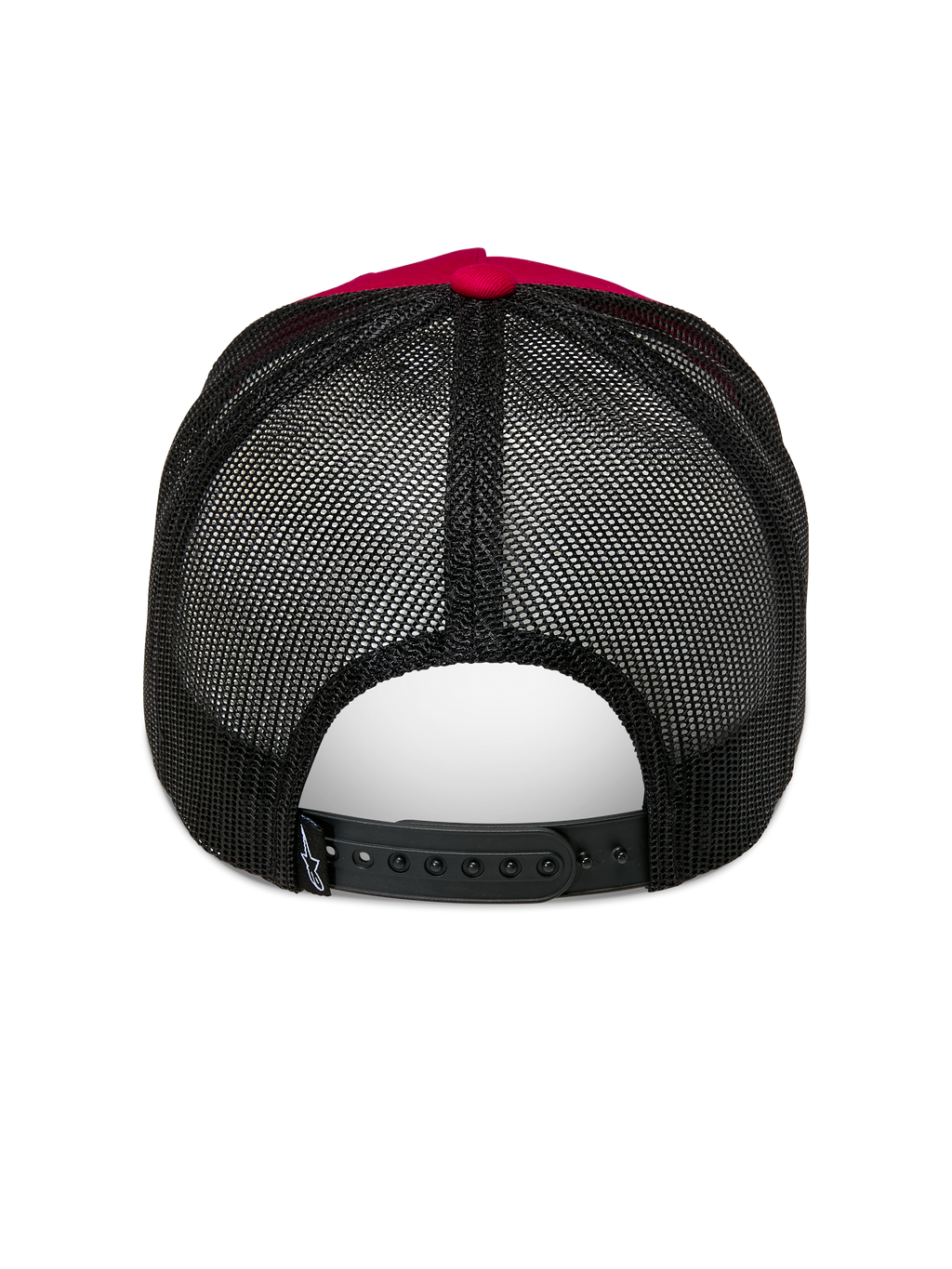 Cappello Alpinestars Ageless Trucker, rosso e nero, vista posteriore con retro in rete di poliestere nera e chiusura snapback regolabile, bottone superiore rosso e dettaglio della corona, copricapo casual da motorsport