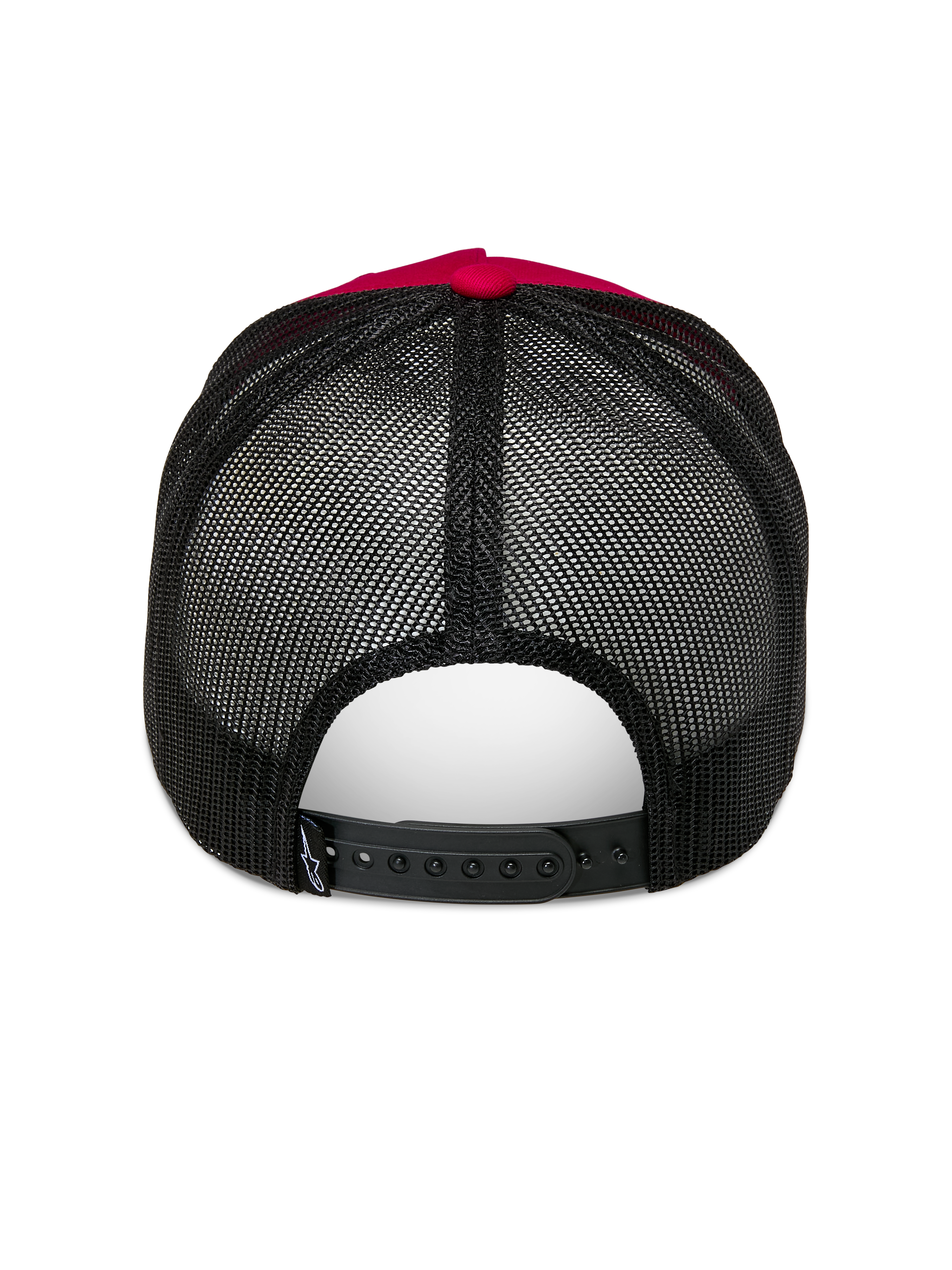 Cappello Alpinestars Ageless Trucker, rosso e nero, vista posteriore con retro in rete di poliestere nera e chiusura snapback regolabile, bottone superiore rosso e dettaglio della corona, copricapo casual da motorsport