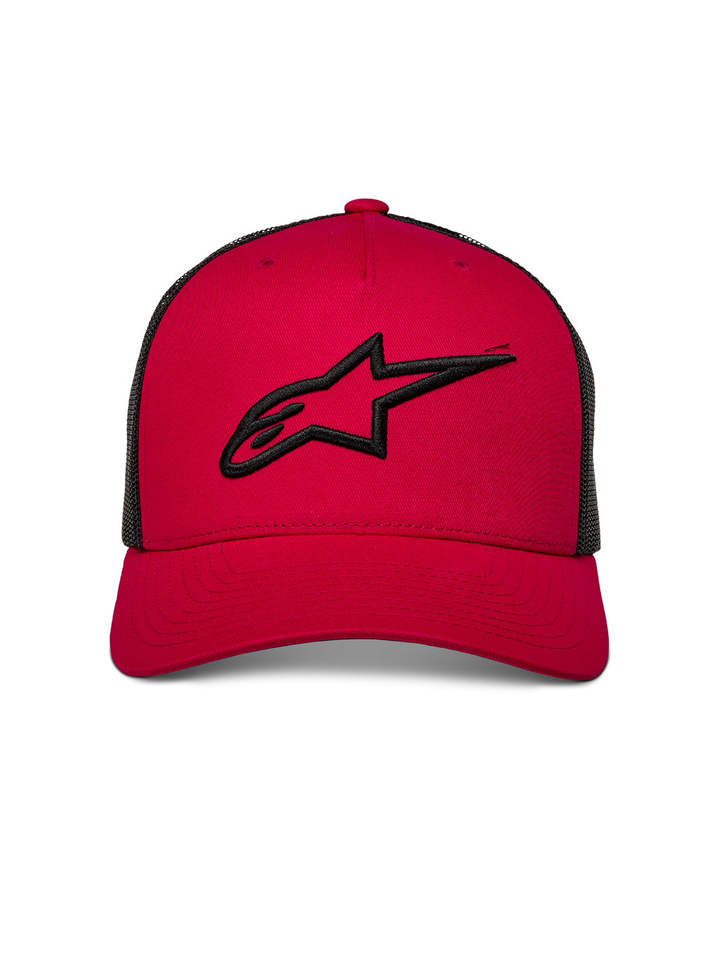 Cappello Trucker Alpinestars Ageless, rosso con retro in rete nera, logo Astars ricamato in 3D in nero sul davanti, visiera curva, copricapo casual ispirato al motorsport