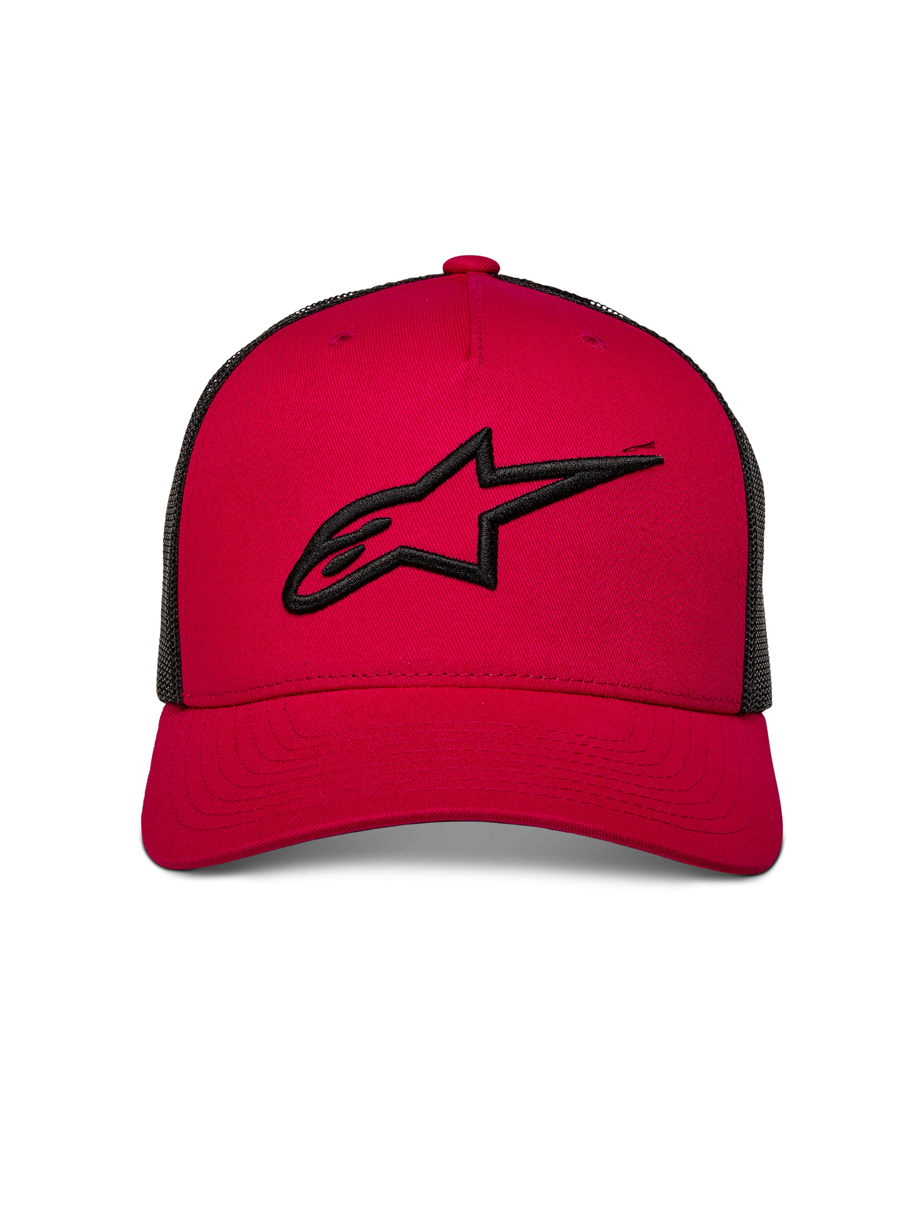 Cappello Trucker Alpinestars Ageless, rosso con retro in rete nera, logo Astars ricamato in 3D in nero sul davanti, visiera curva, copricapo casual ispirato al motorsport