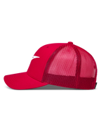 Alpinestars Ageless Snapback Cappello, rosso, vista laterale con visiera curva, rete traspirante e logo bianco ricamato.