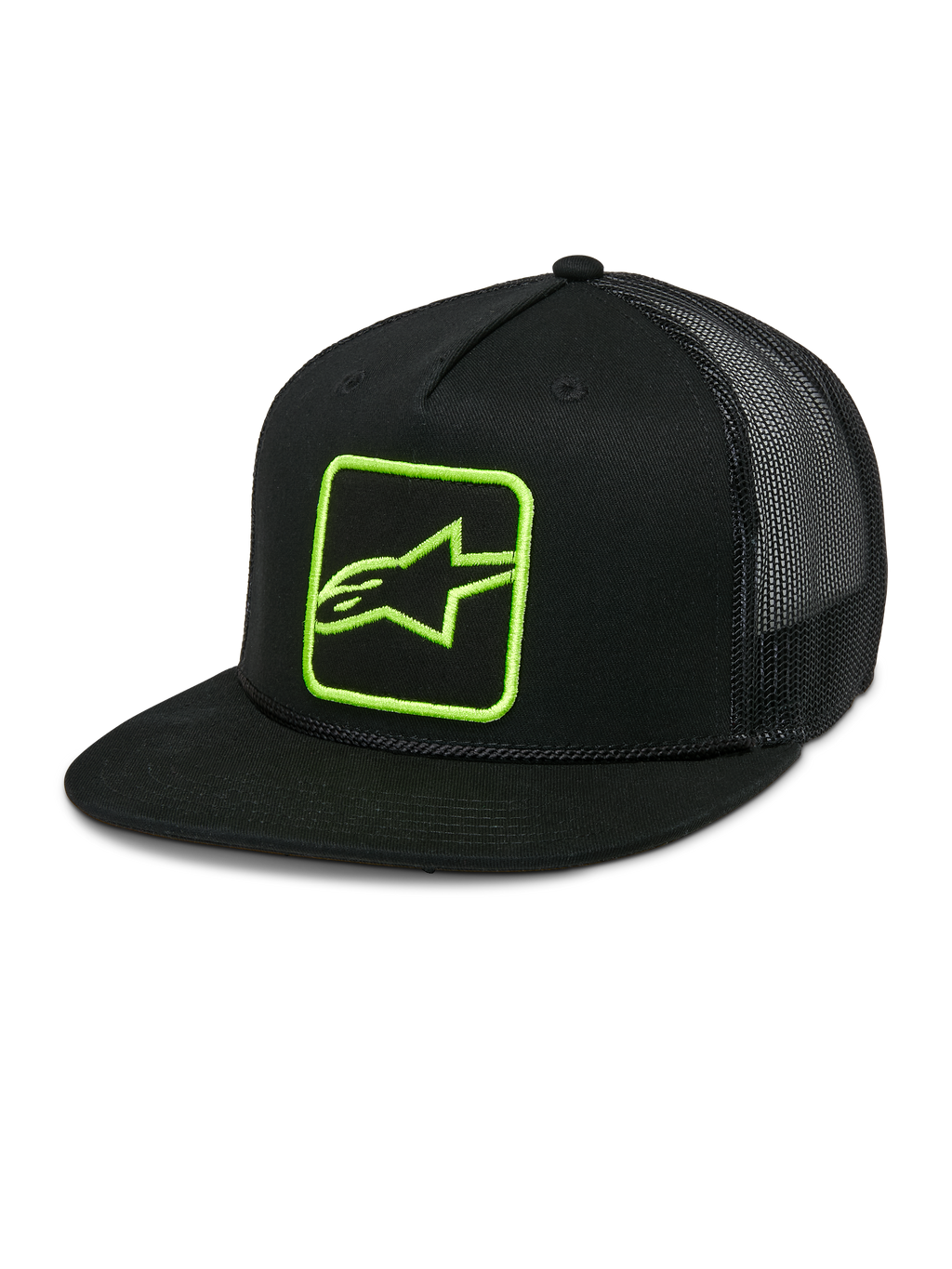 Alpinestars Control Trucker Hat, nero con logo verde neon, cappello snapback con retro in rete, visiera piatta con dettaglio corda intrecciata, pannello frontale strutturato con logo Astars ricamato, stile motorsport casual