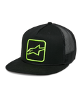 Alpinestars Control Trucker Hat, nero con logo verde neon, cappello snapback con retro in rete, visiera piatta con dettaglio corda intrecciata, pannello frontale strutturato con logo Astars ricamato, stile motorsport casual