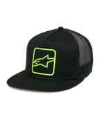 Alpinestars Control Trucker Hat, nero con logo verde neon, cappello snapback con retro in rete, visiera piatta con dettaglio corda intrecciata, pannello frontale strutturato con logo Astars ricamato, stile motorsport casual