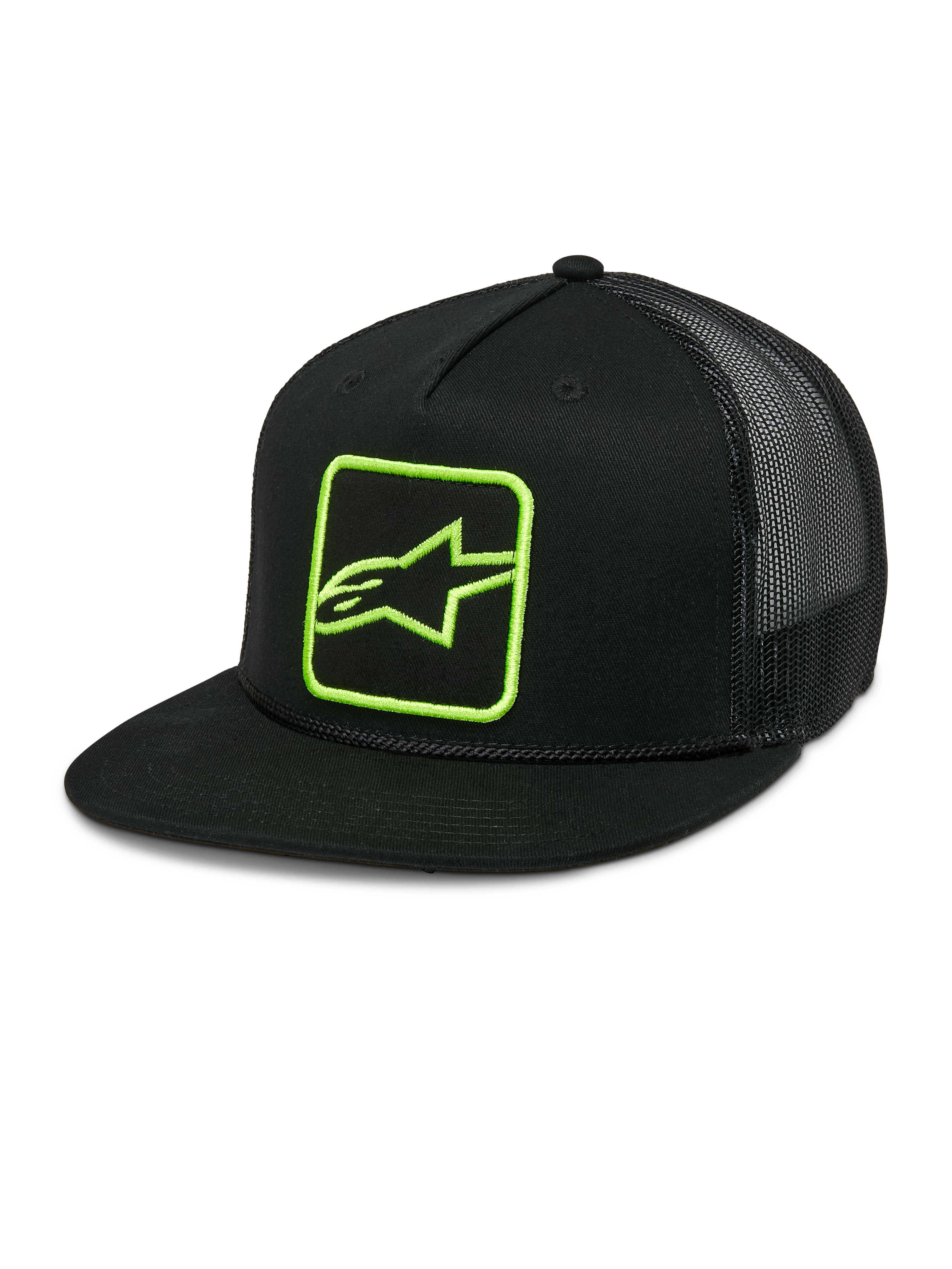 Alpinestars Control Trucker Hat, nero con logo verde neon, cappello snapback con retro in rete, visiera piatta con dettaglio corda intrecciata, pannello frontale strutturato con logo Astars ricamato, stile motorsport casual