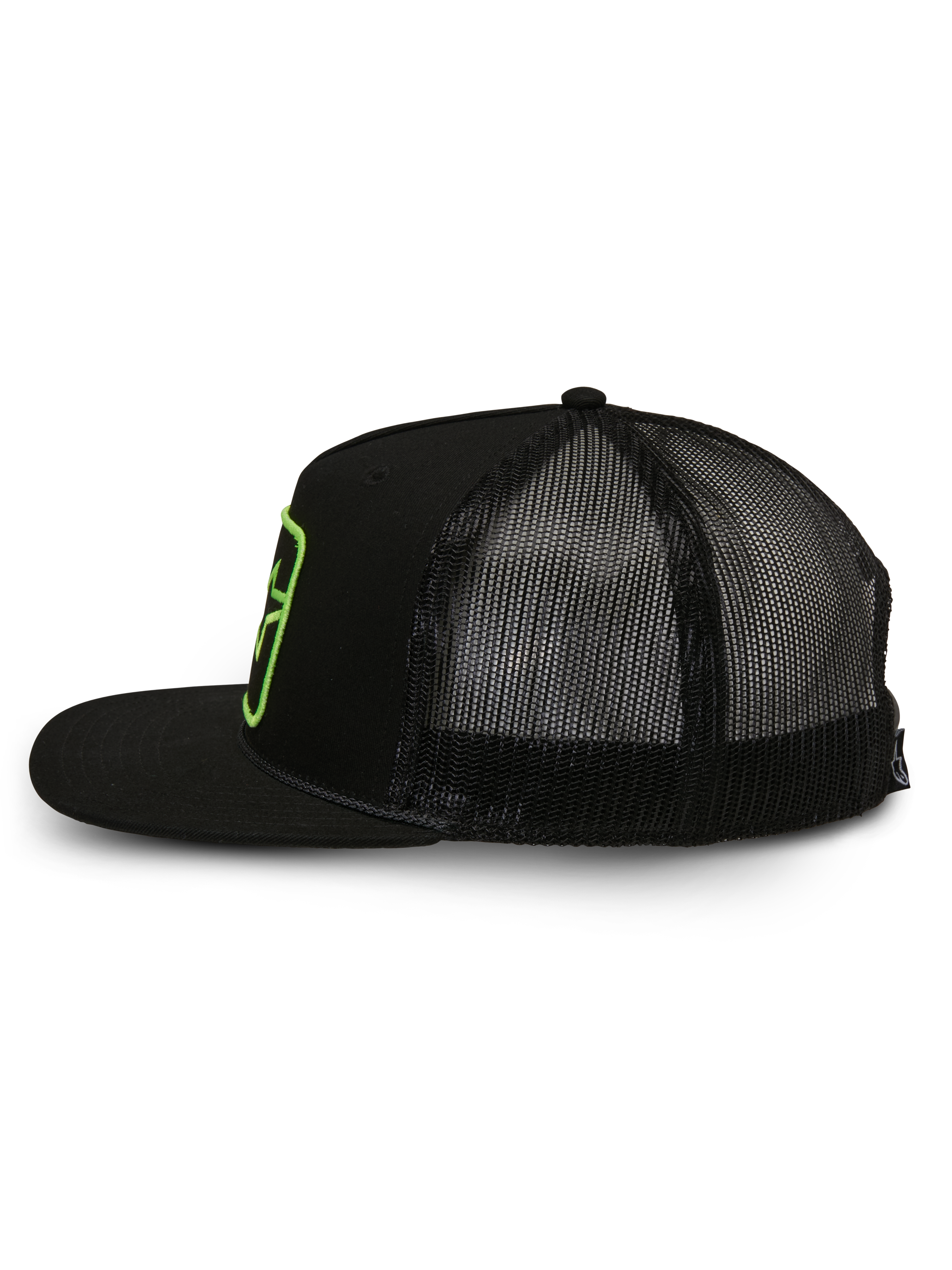 Alpinestars Control Trucker Hat, cappello trucker, nero, vista laterale di profilo che mostra il retro in rete e il davanti in twill, visiera piatta con dettaglio corda intrecciata, patch con logo ricamato verde, streetwear casual ispirato al motorsport