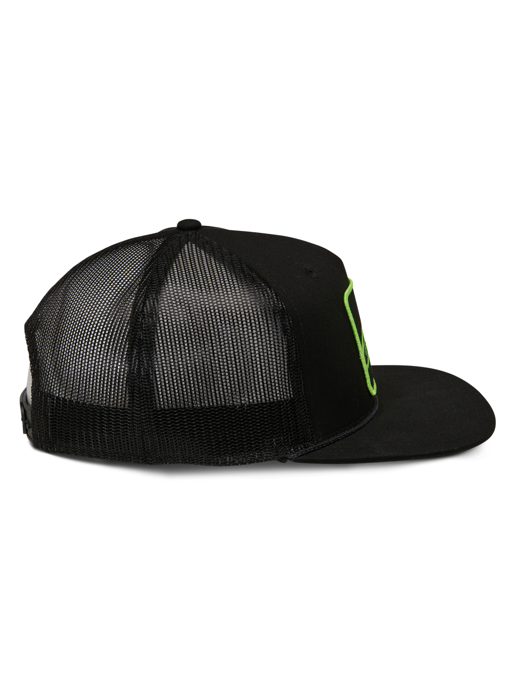 Alpinestars Control Trucker Hat, cappello trucker, nero, vista laterale con retro in rete e visiera piatta, bordo del logo ricamato in verde lime, streetwear motorsport casual