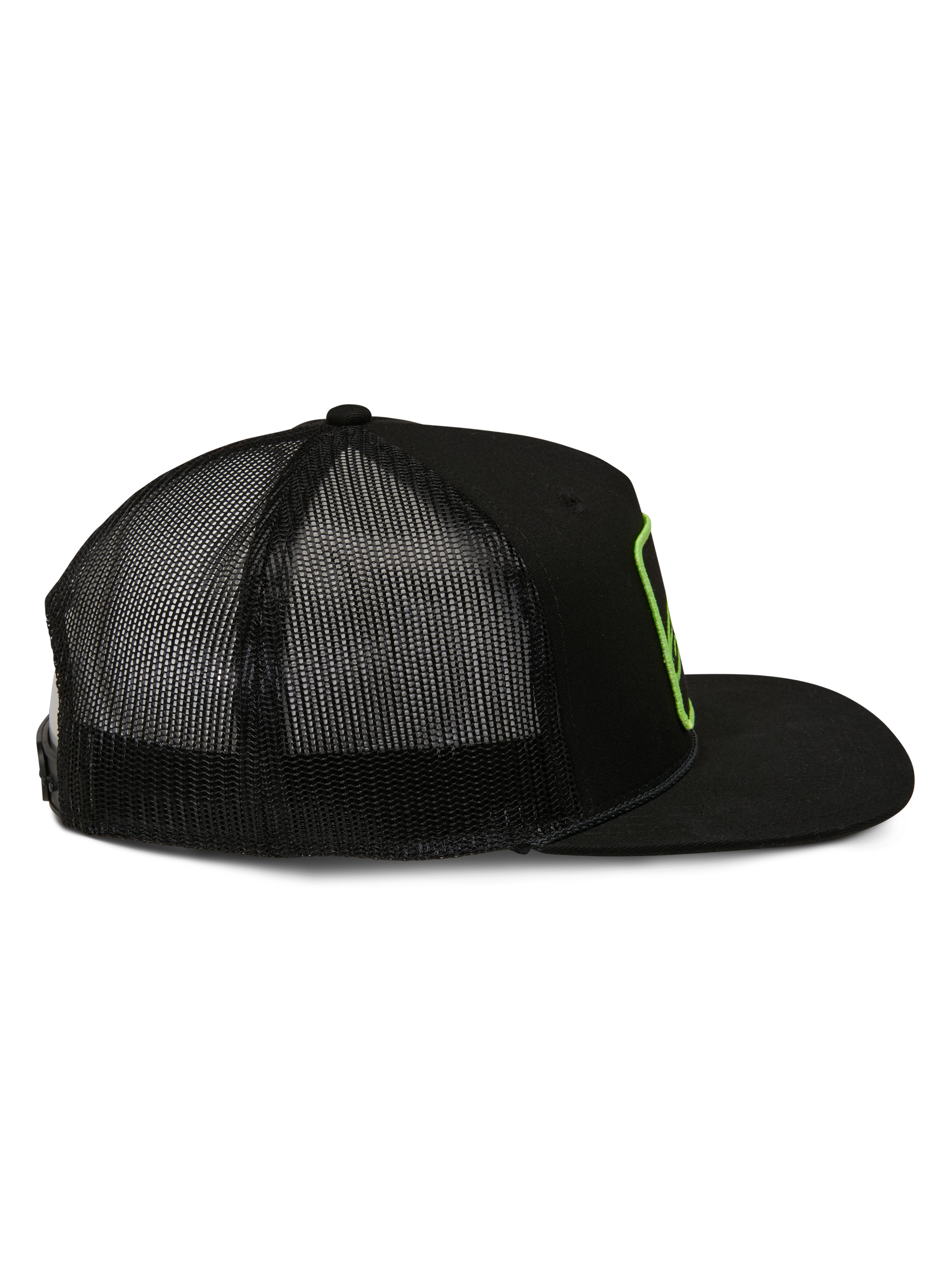 Alpinestars Control Trucker Hat, cappello trucker, nero, vista laterale con retro in rete e visiera piatta, bordo del logo ricamato in verde lime, streetwear motorsport casual