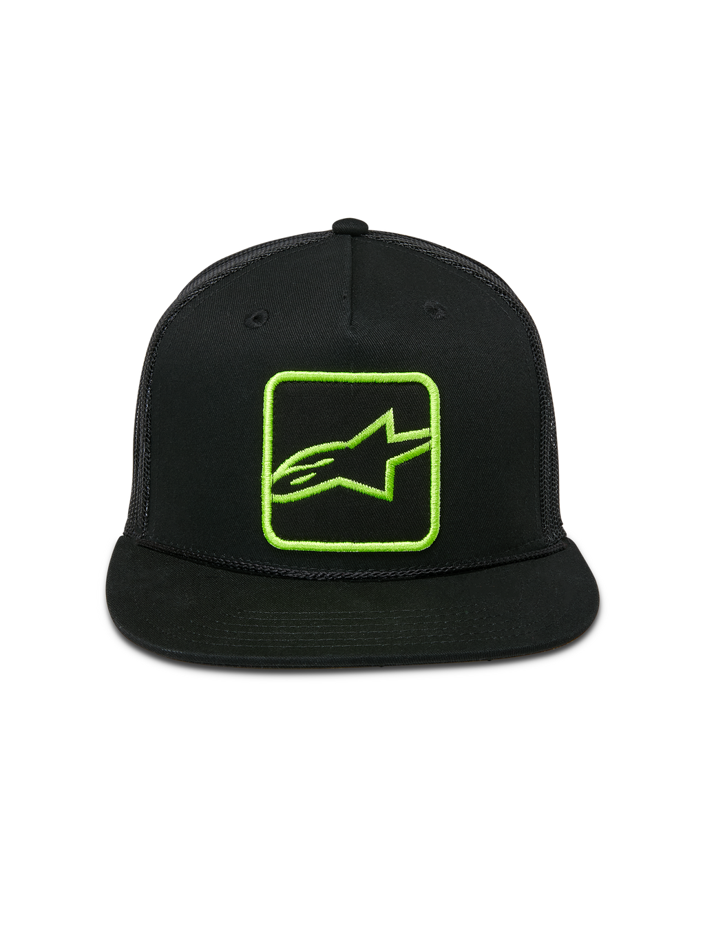 Alpinestars Control Trucker Hat, nero con logo ricamato verde lime, visiera piatta con cordino intrecciato, retro in rete snapback, abbigliamento casual motorsport streetwear