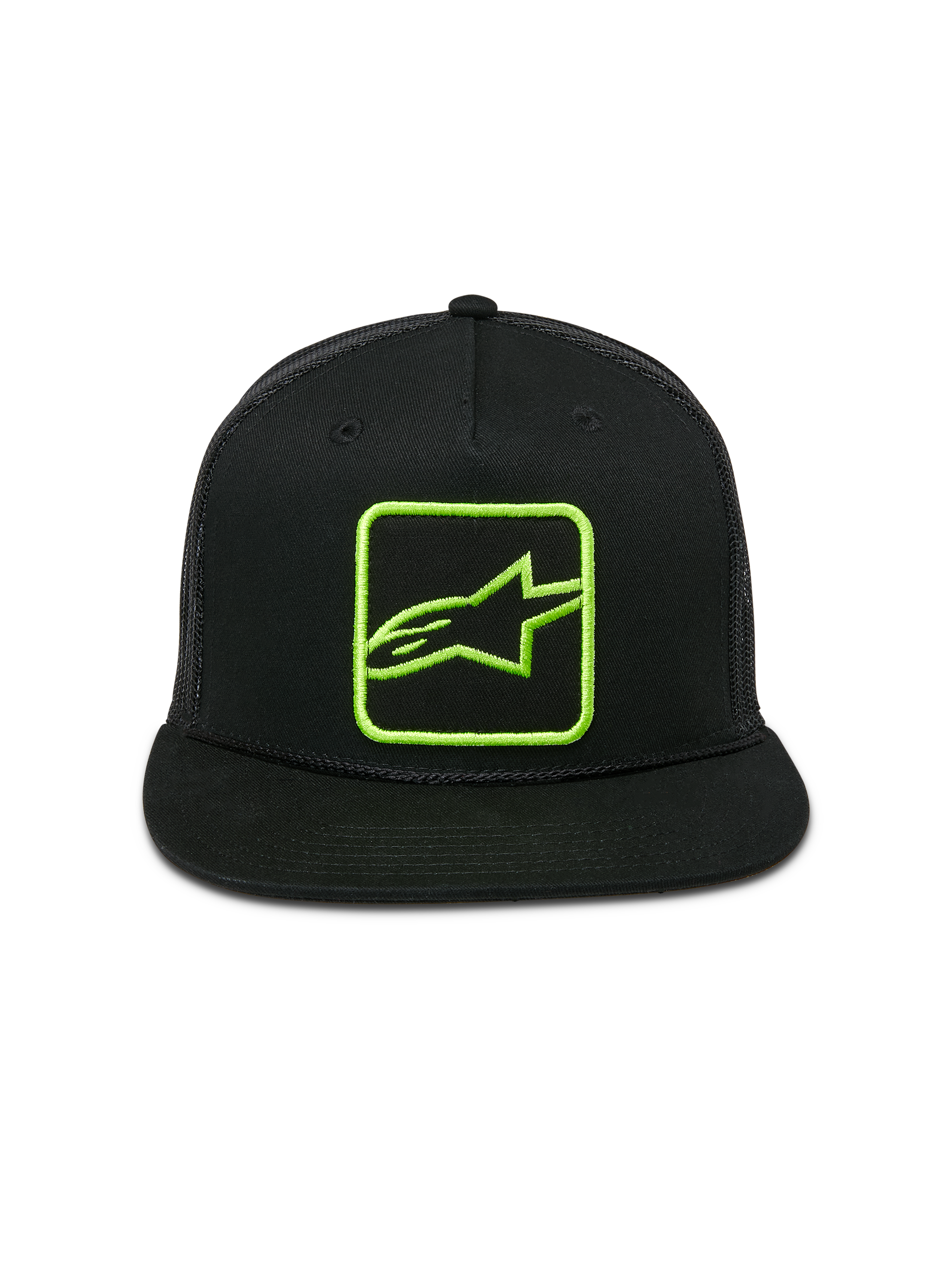 Alpinestars Control Trucker Hat, nero con logo ricamato verde lime, visiera piatta con cordino intrecciato, retro in rete snapback, abbigliamento casual motorsport streetwear