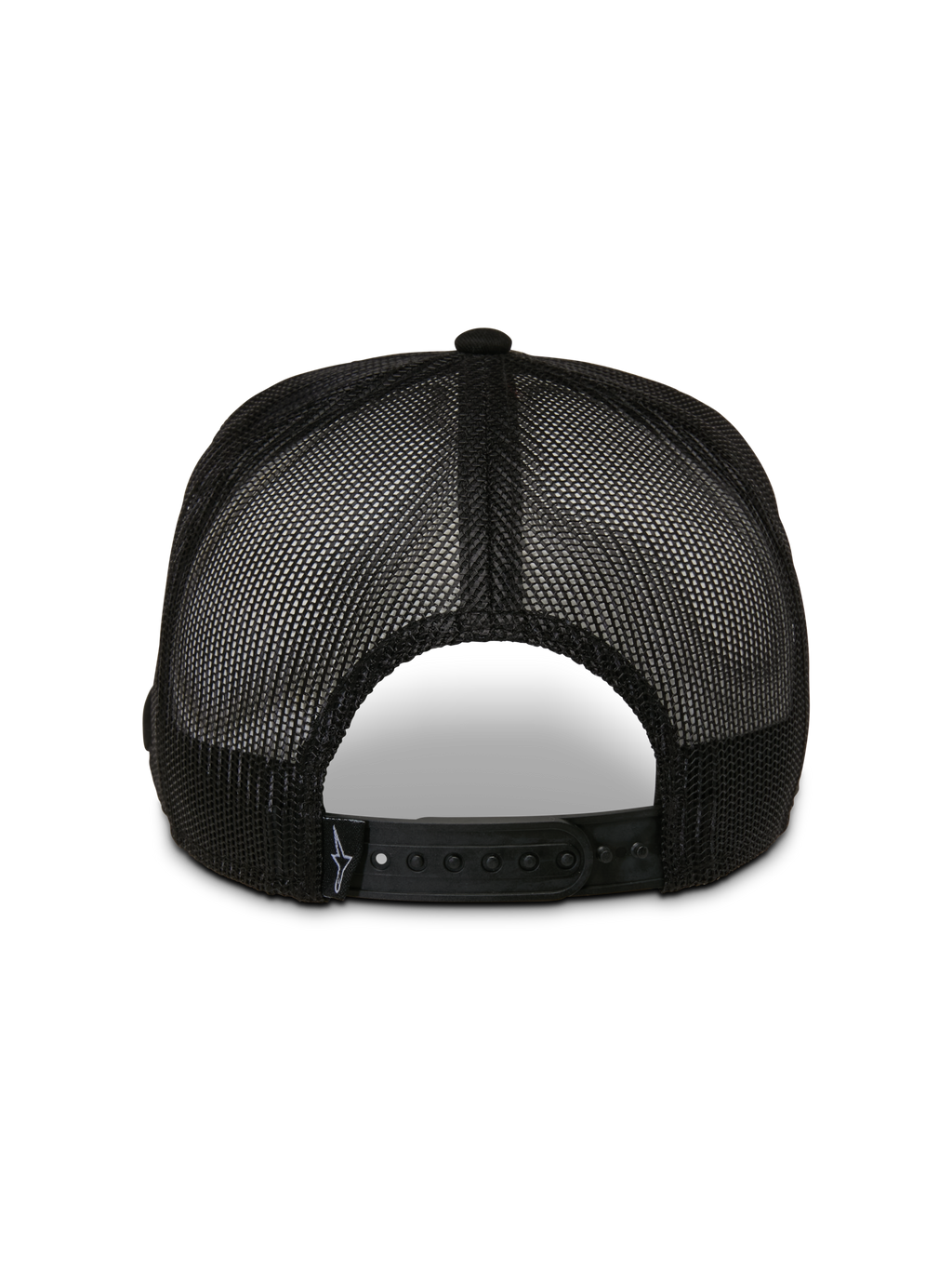 Cappello Trucker Alpinestars Control, vista posteriore, nero, con pannelli in rete traspirante e chiusura snapback regolabile, copricapo casual da motorsport