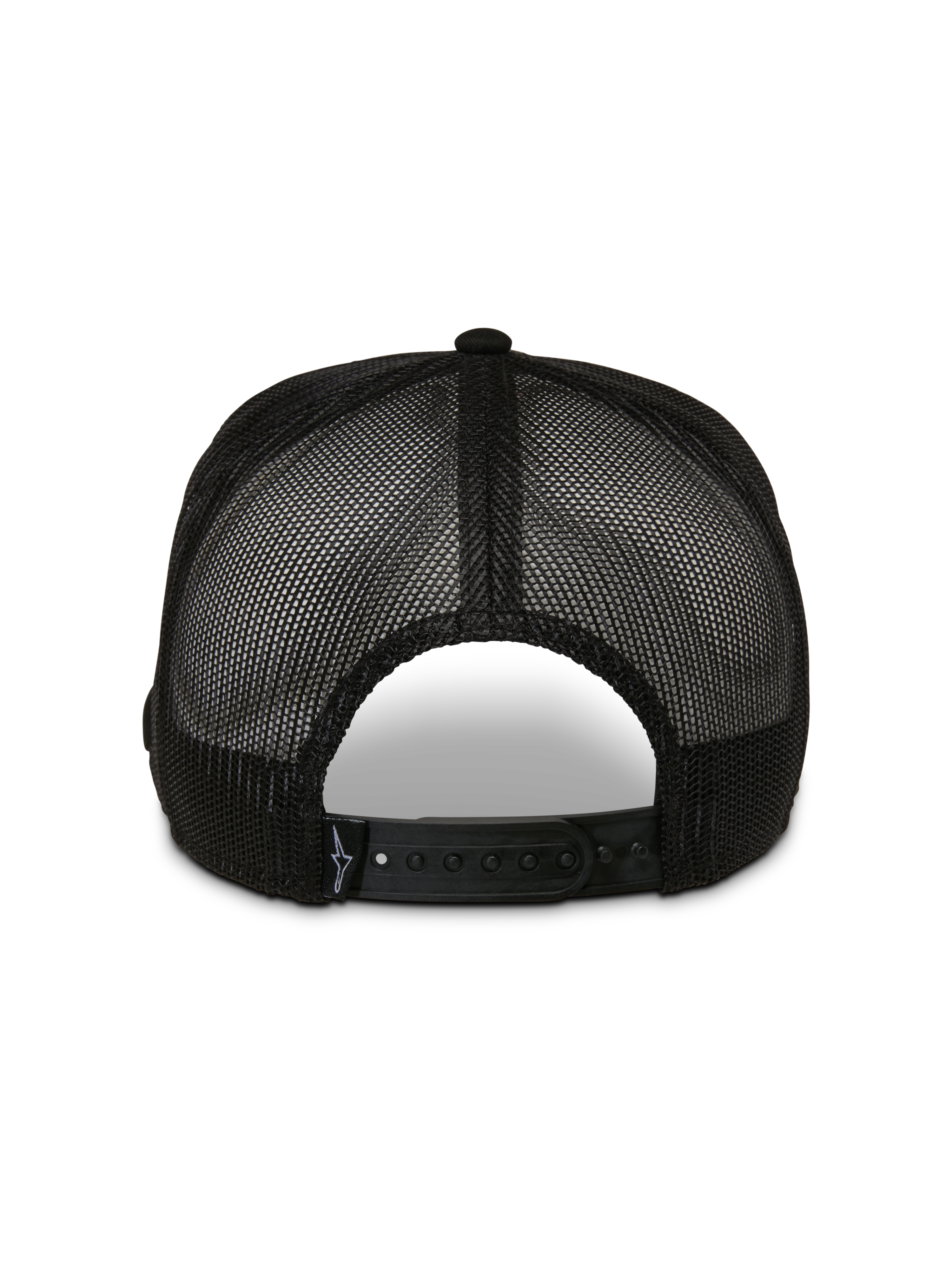 Cappello Trucker Alpinestars Control, vista posteriore, nero, con pannelli in rete traspirante e chiusura snapback regolabile, copricapo casual da motorsport