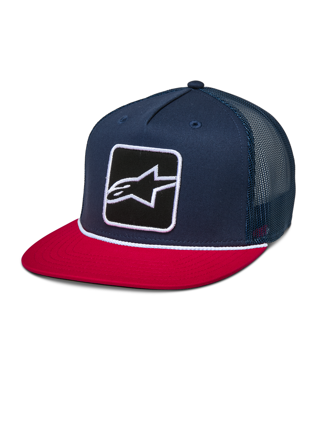 Cappello Alpinestars Control Trucker, blu navy e rosso, cappello snapback con visiera piatta e retro in rete blu navy, con patch ricamata con logo Astars sul davanti e dettaglio con corda intrecciata bianca, copricapo casual ispirato al motorsport