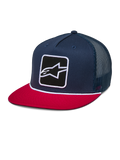 Cappello Alpinestars Control Trucker, blu navy e rosso, cappello snapback con visiera piatta e retro in rete blu navy, con patch ricamata con logo Astars sul davanti e dettaglio con corda intrecciata bianca, copricapo casual ispirato al motorsport
