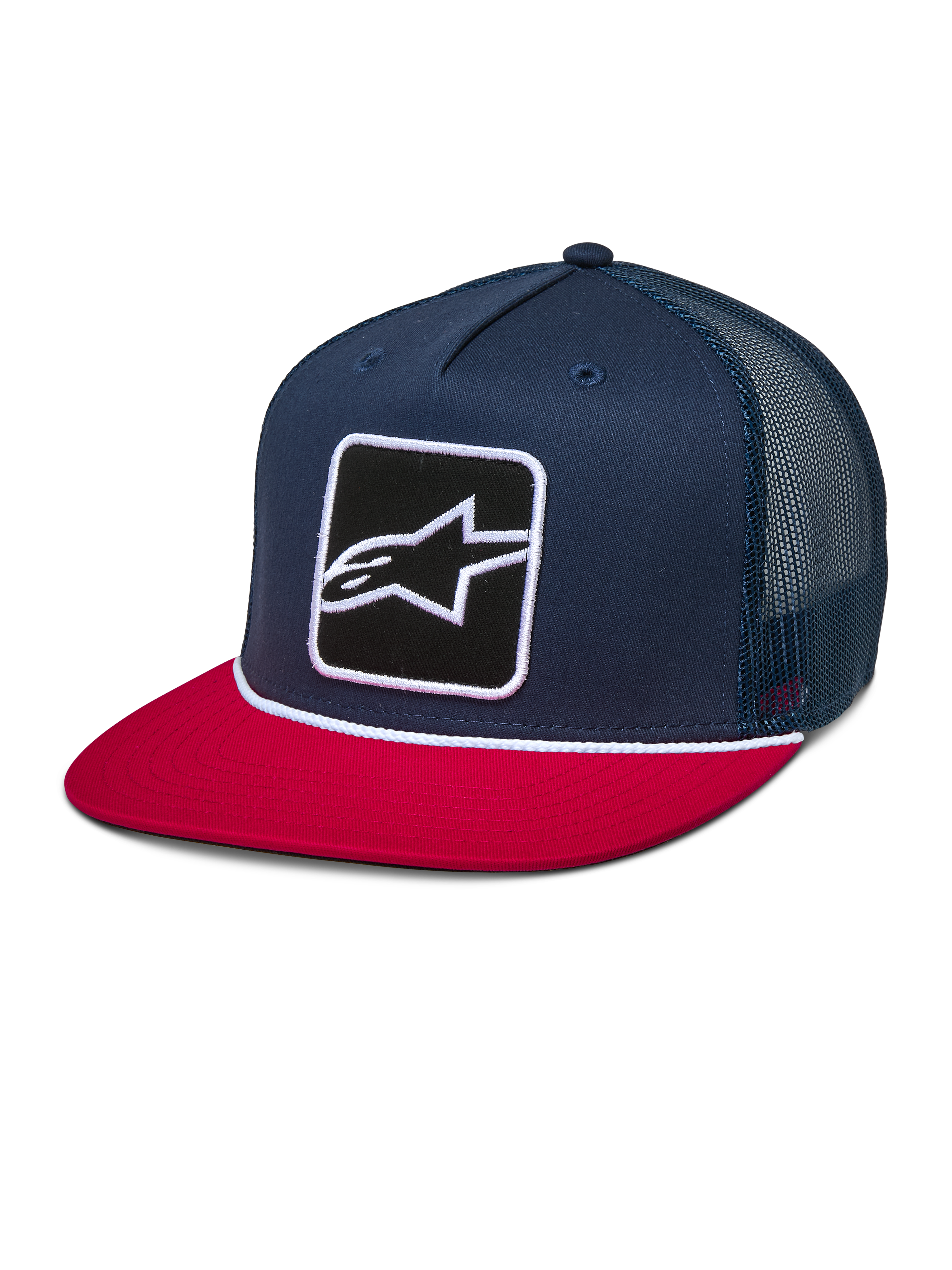 Cappello Alpinestars Control Trucker, blu navy e rosso, cappello snapback con visiera piatta e retro in rete blu navy, con patch ricamata con logo Astars sul davanti e dettaglio con corda intrecciata bianca, copricapo casual ispirato al motorsport