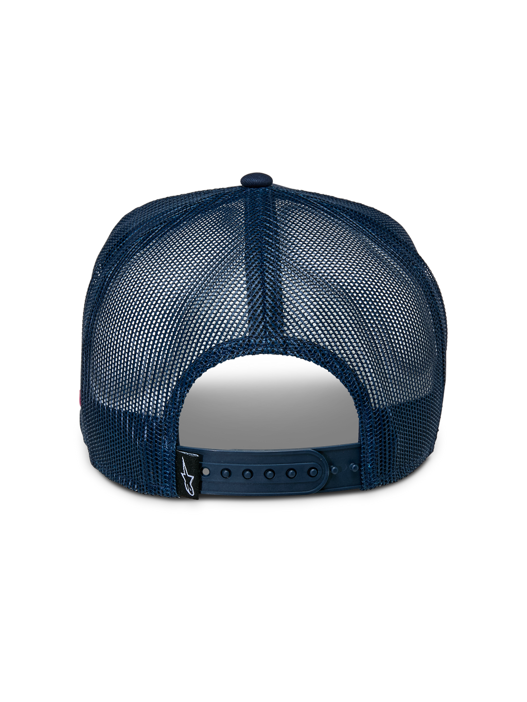 Cappello Alpinestars Control Trucker, vista posteriore, retro in rete blu navy, chiusura snapback regolabile, piccola etichetta nera con logo Astars, accessorio sportswear casual
