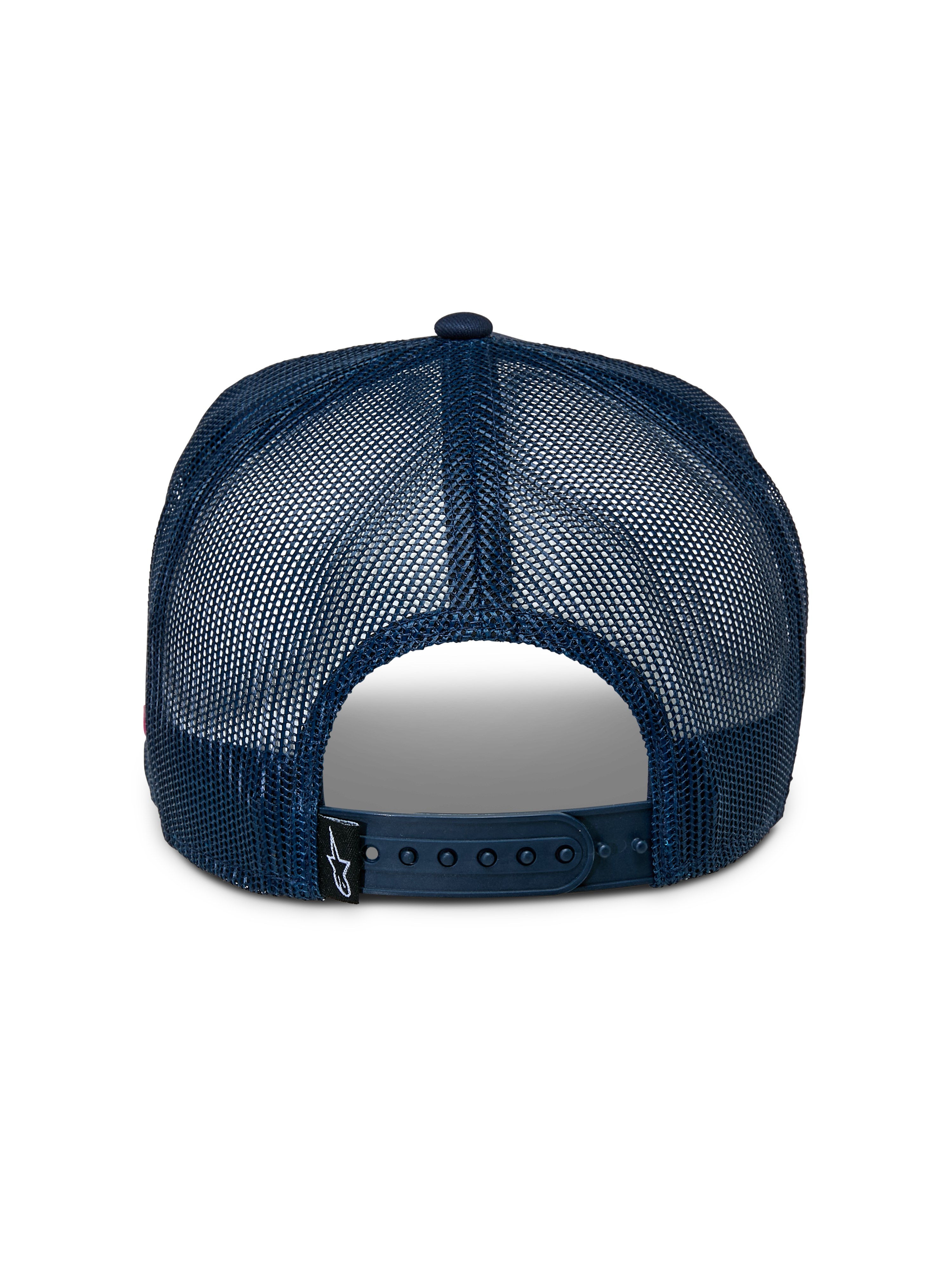 Cappello Alpinestars Control Trucker, vista posteriore, retro in rete blu navy, chiusura snapback regolabile, piccola etichetta nera con logo Astars, accessorio sportswear casual