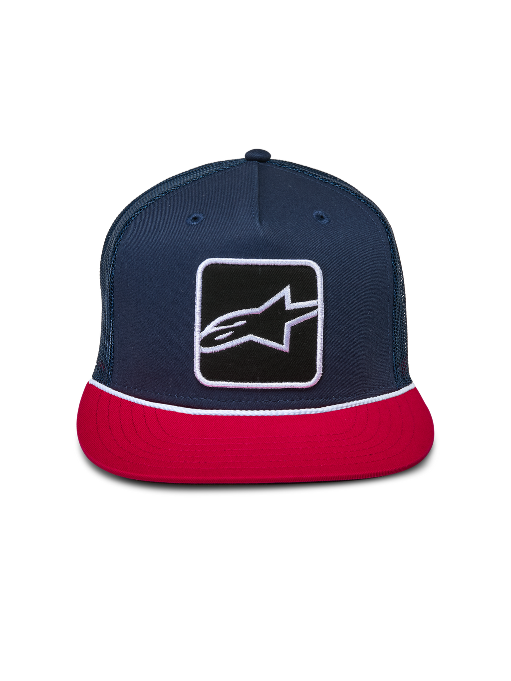 Cappello Alpinestars Control Trucker, blu navy e rosso, corona strutturata con visiera piatta, patch frontale con logo Astars e dettaglio in corda intrecciata bianca, retro in rete, copricapo casual da motorsport
