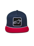 Cappello Alpinestars Control Trucker, blu navy e rosso, corona strutturata con visiera piatta, patch frontale con logo Astars e dettaglio in corda intrecciata bianca, retro in rete, copricapo casual da motorsport