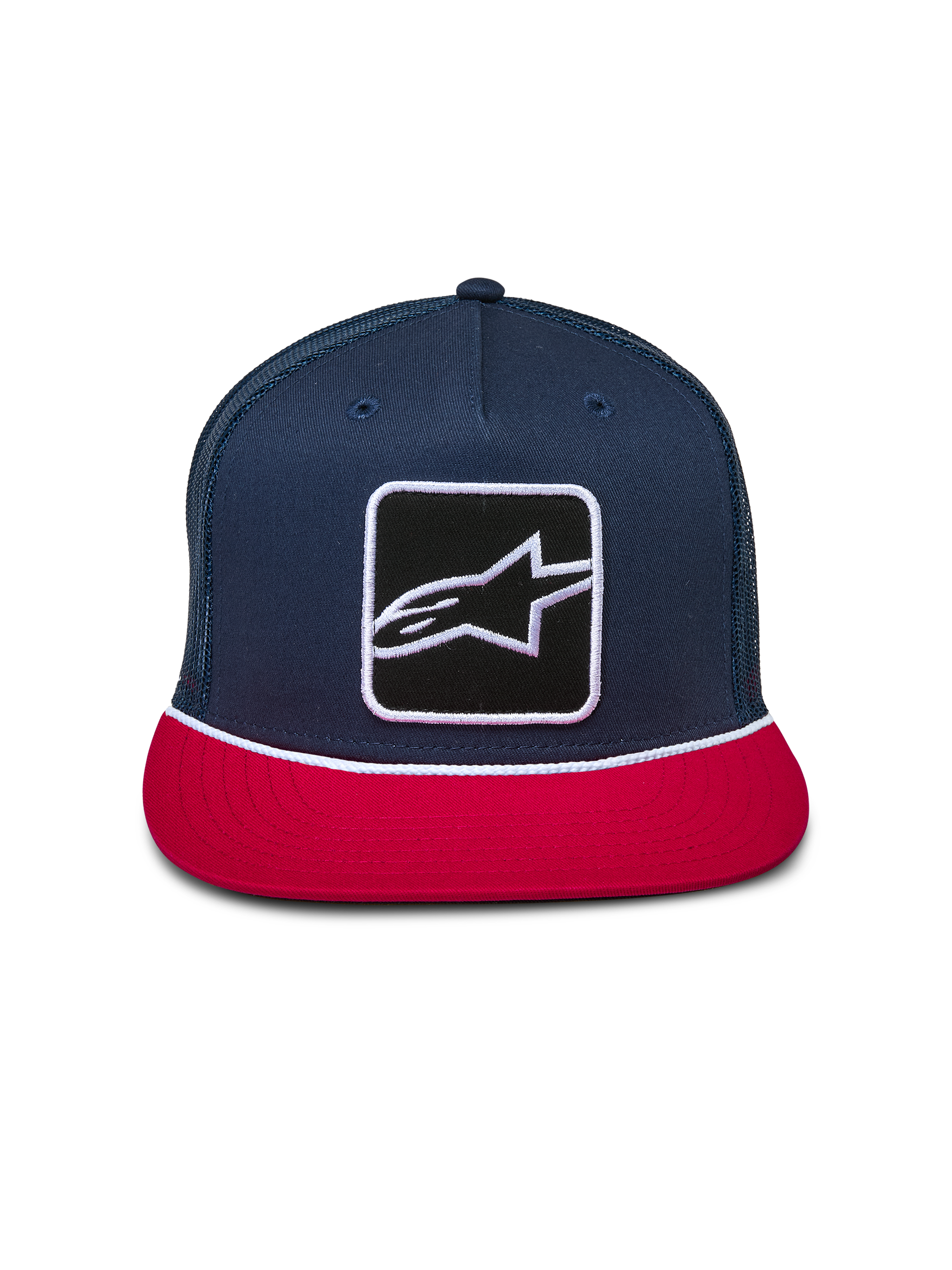 Cappello Alpinestars Control Trucker, blu navy e rosso, corona strutturata con visiera piatta, patch frontale con logo Astars e dettaglio in corda intrecciata bianca, retro in rete, copricapo casual da motorsport