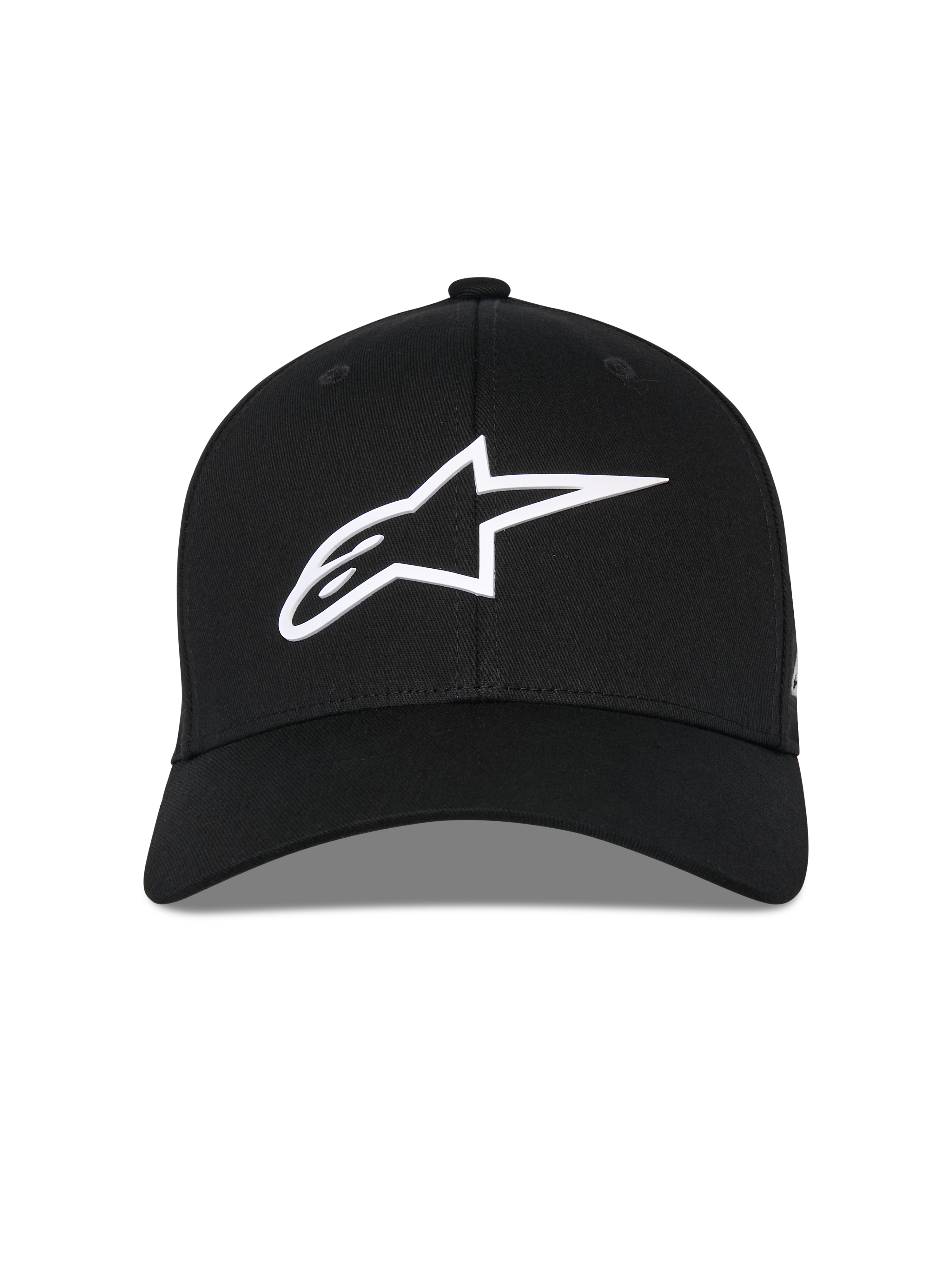 Alpinestars Ageless Multi Hat, berretto da baseball nero, vista frontale, logo Astars 3D bianco, visiera curva, corona strutturata, abbigliamento sportivo casual