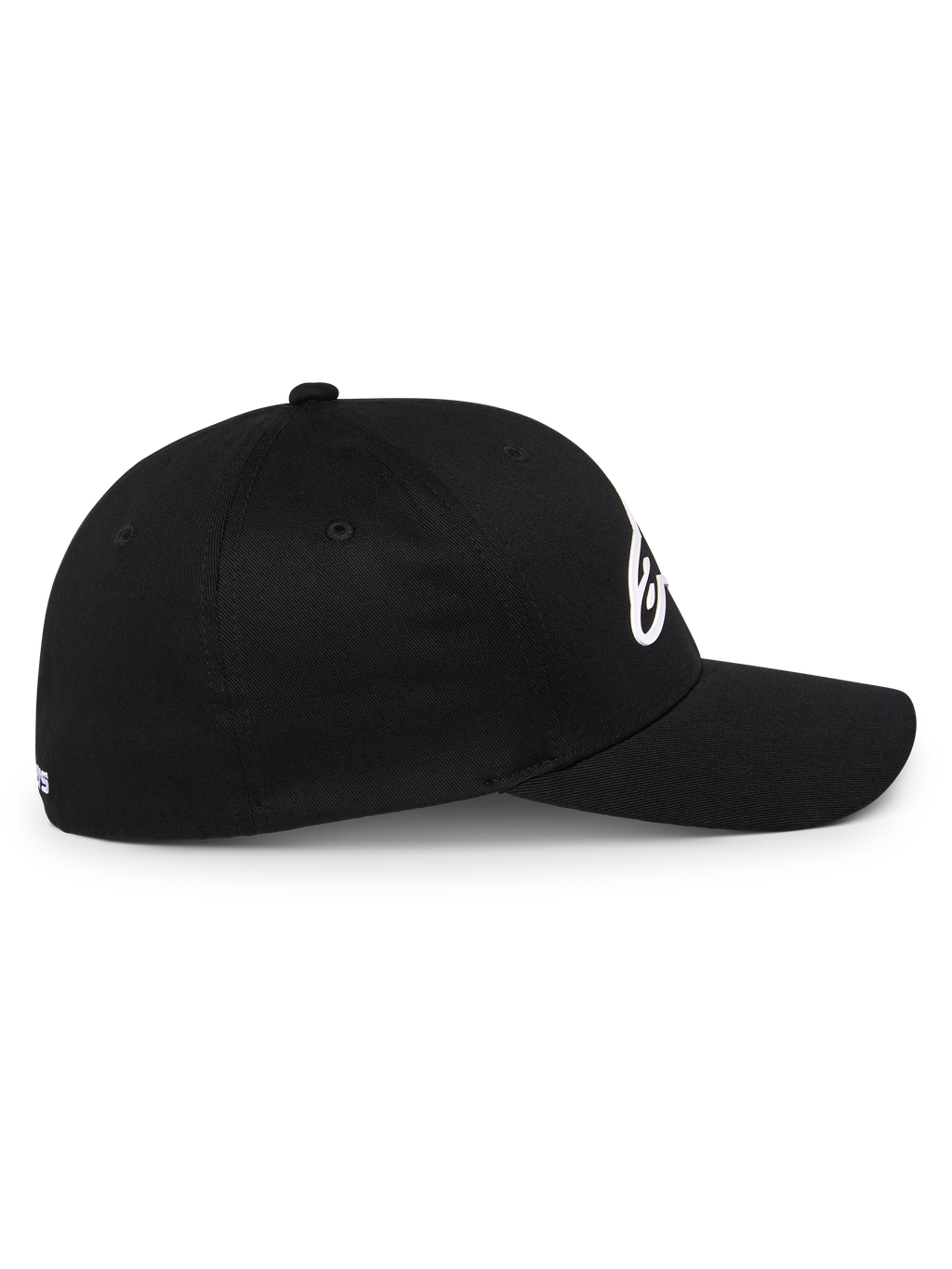 Alpinestars Ageless Multi Hat, cappellino da baseball sportivo nero, vista laterale, visiera curva e corona strutturata, logo Astars 3D bianco, stile motorsport casual