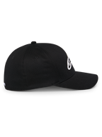Alpinestars Ageless Multi Hat, cappellino da baseball sportivo nero, vista laterale, visiera curva e corona strutturata, logo Astars 3D bianco, stile motorsport casual