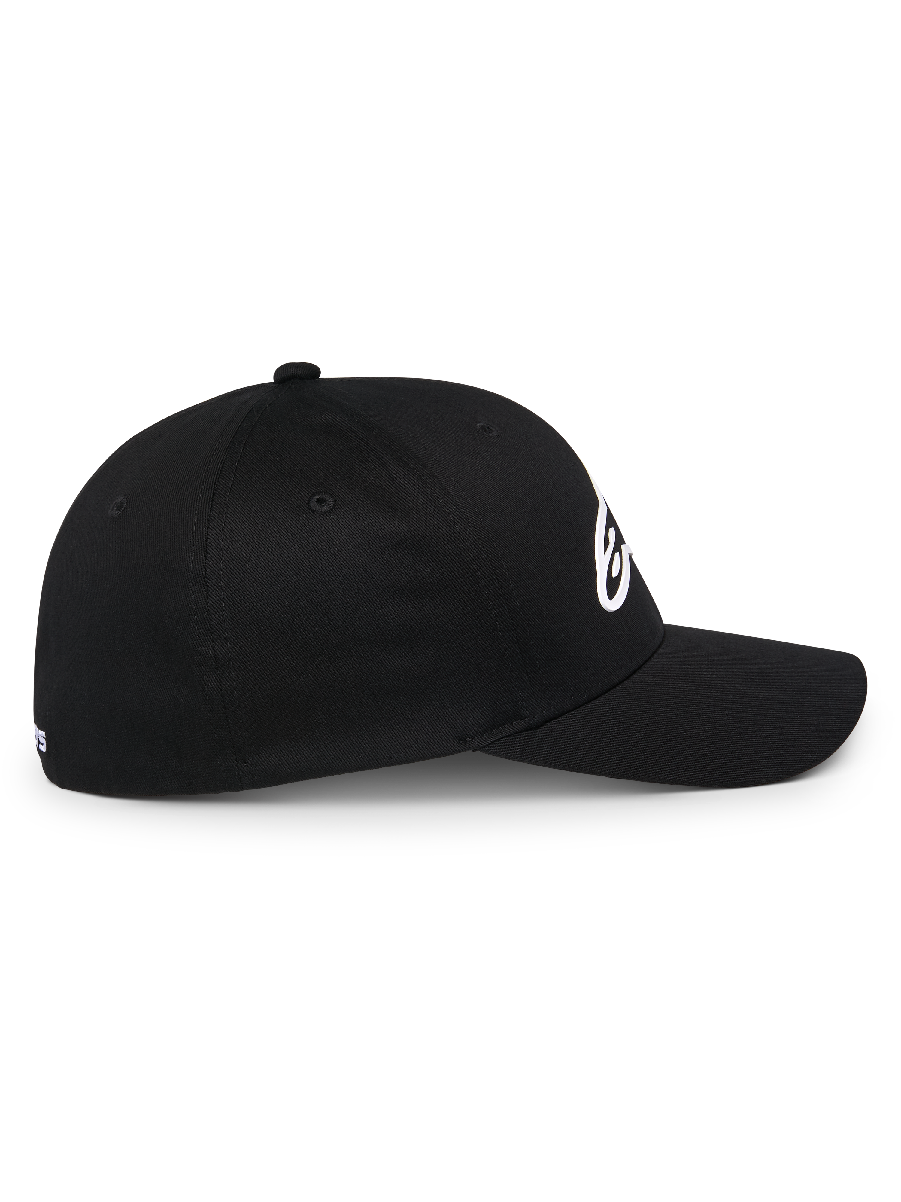 Alpinestars Ageless Multi Hat, cappellino da baseball sportivo nero, vista laterale, visiera curva e corona strutturata, logo Astars 3D bianco, stile motorsport casual