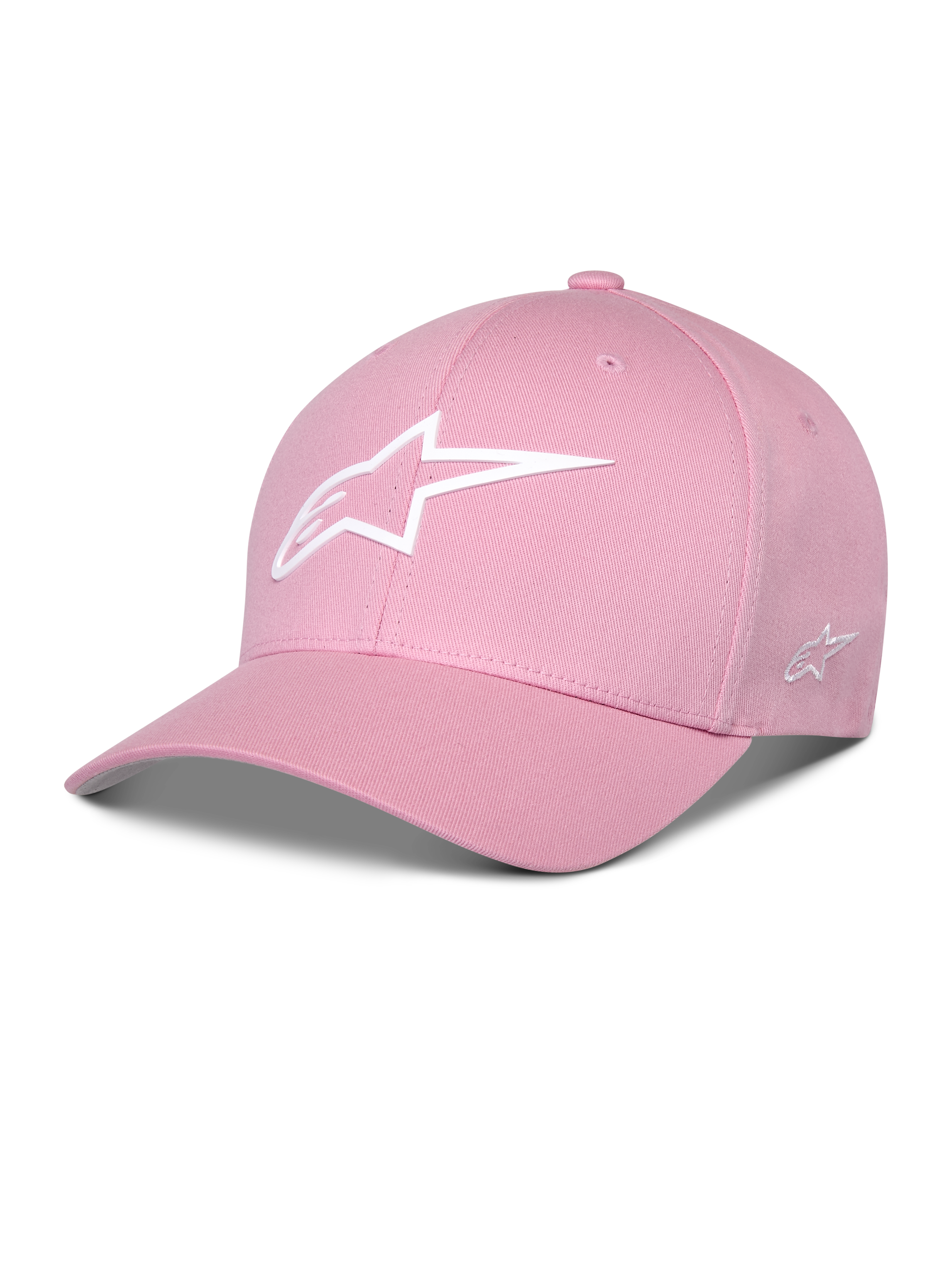 Cappello Alpinestars Ageless Multi, cappellino da baseball rosa, visiera curva, logo Astars 3D bianco, corona strutturata, abbigliamento sportivo casual