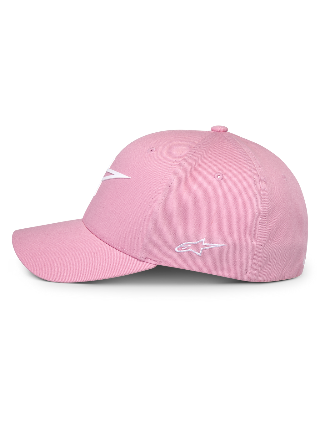 Alpinestars Ageless Multi Hat, rosa, vista laterale, con logo frontale bianco stampato in 3D e logo laterale ricamato, corona strutturata con visiera curva, copricapo casual ispirato al motorsport