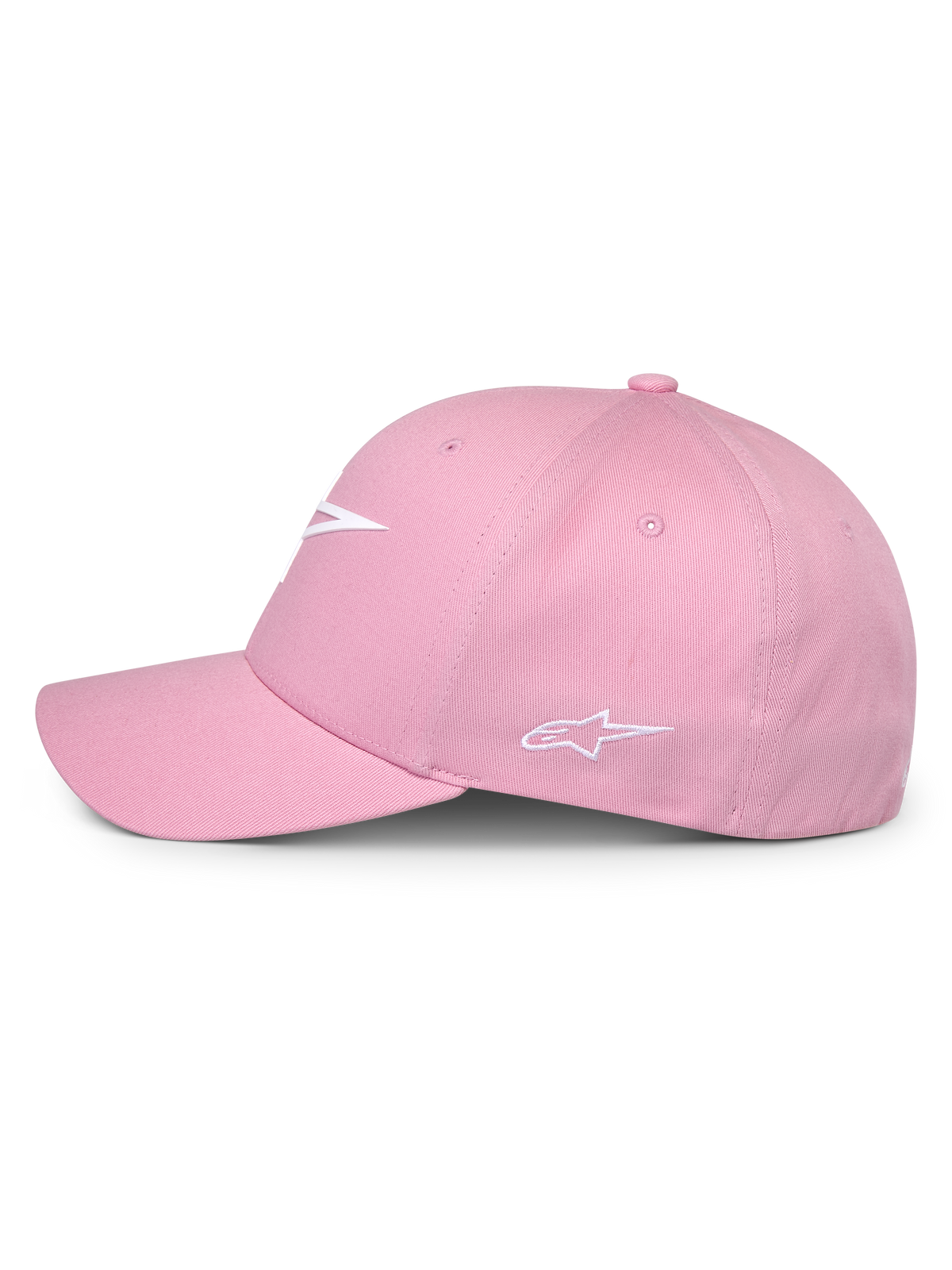 Alpinestars Ageless Multi Hat, rosa, vista laterale, con logo frontale bianco stampato in 3D e logo laterale ricamato, corona strutturata con visiera curva, copricapo casual ispirato al motorsport
