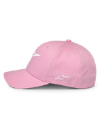 Alpinestars Ageless Multi Hat, rosa, vista laterale, con logo frontale bianco stampato in 3D e logo laterale ricamato, corona strutturata con visiera curva, copricapo casual ispirato al motorsport