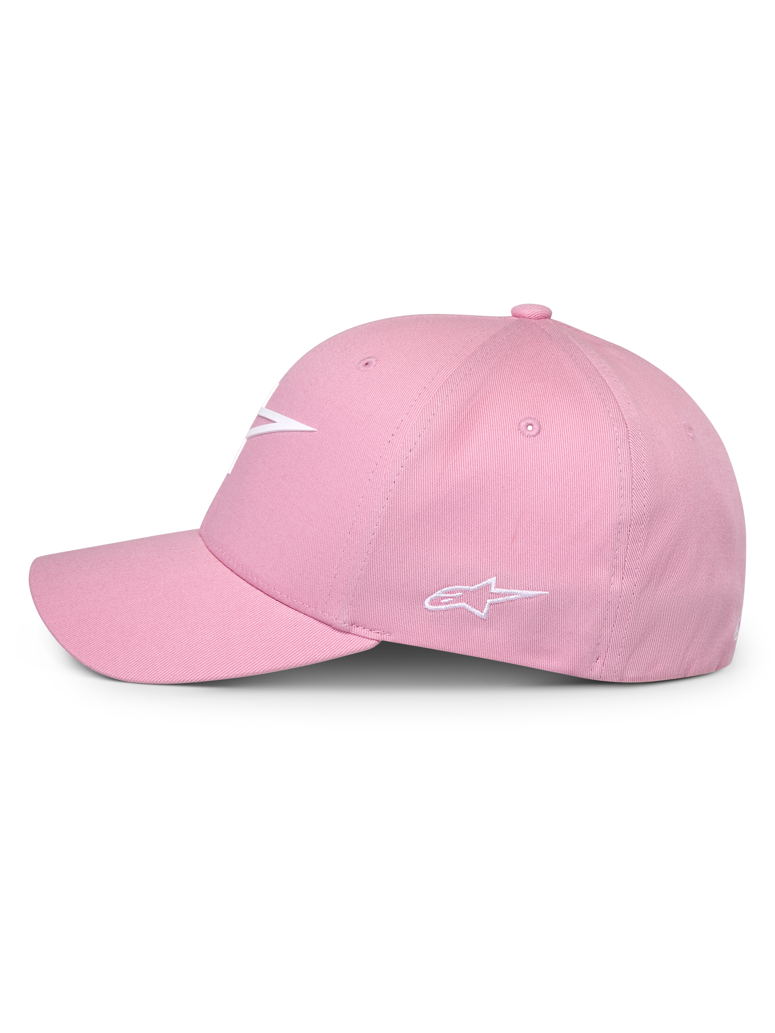 Alpinestars Ageless Multi Hat, rosa, vista laterale, con logo frontale bianco stampato in 3D e logo laterale ricamato, corona strutturata con visiera curva, copricapo casual ispirato al motorsport